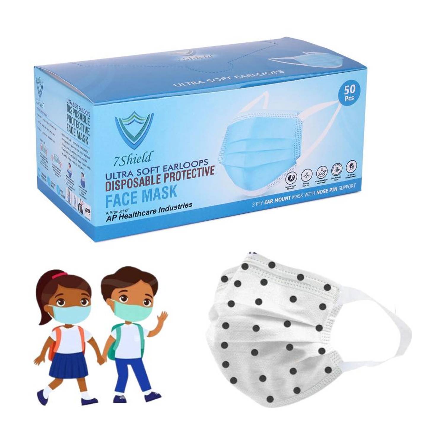 7SHIELD Kids Size Black dot printed Face Mask with Nose clip and soft fabric ear loop Mask 3 ply disposable filter protection breathable dust proof Child\kids size mask Water Resistant, Non-Reusable Surgical Mask