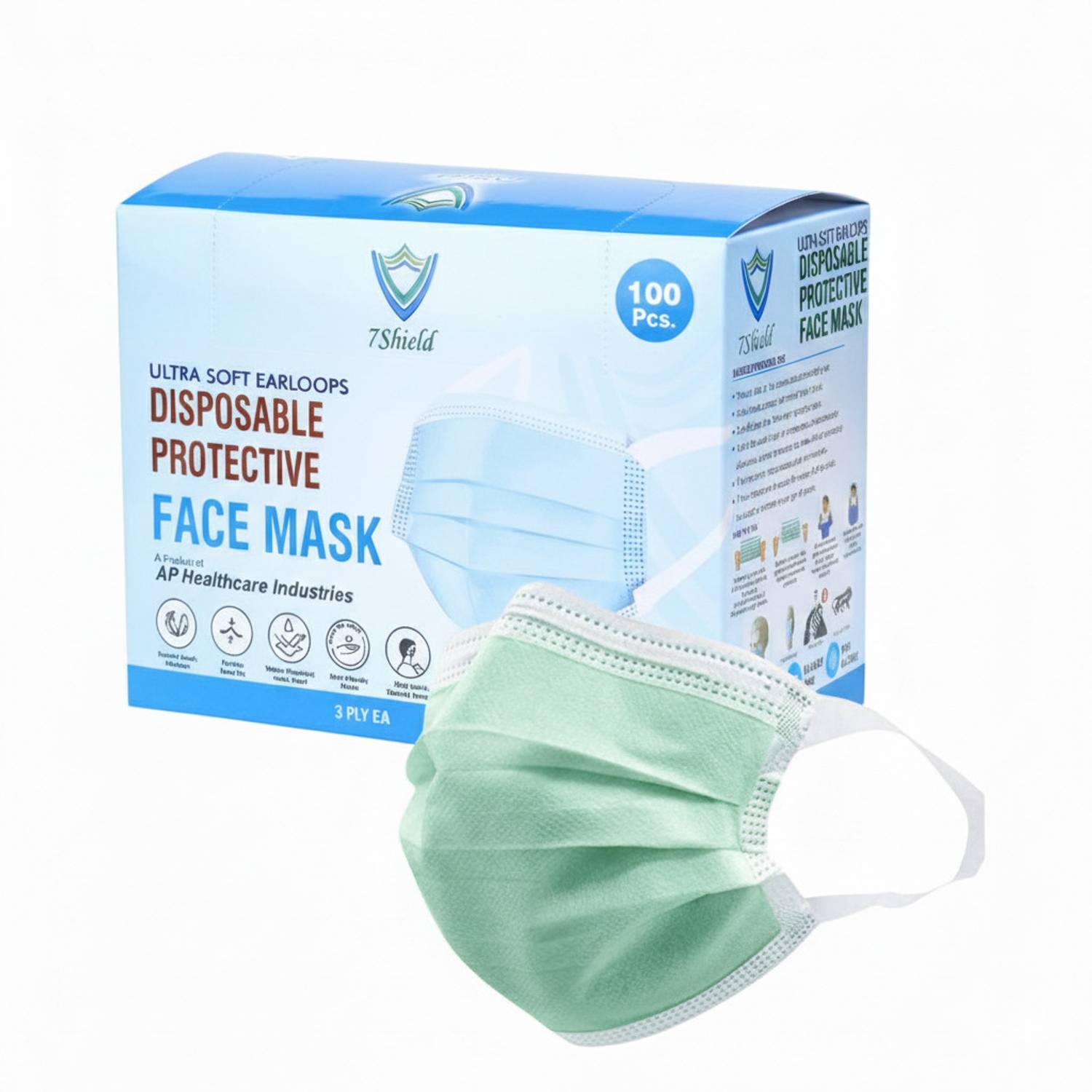 7SHIELD CE and ISO Certified with Extra soft Fabric ear loop and Inbuilt Plastic coated Nose pin disposable Blue unisex mask Green Soft Fabric ear loop Water Resistant Surgical Mask With Melt Blown Fabric Layer
