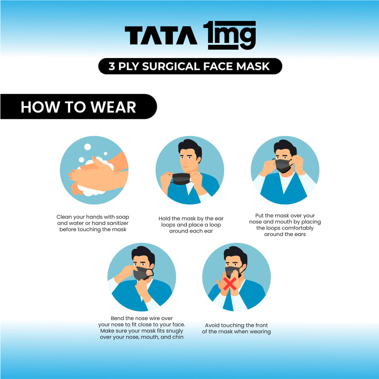 Image of TATA 1mg 3 Ply Surgical Mask with Meltblown Filter and Nose Pin Surgical Mask With Melt Blown Fabric Layer
