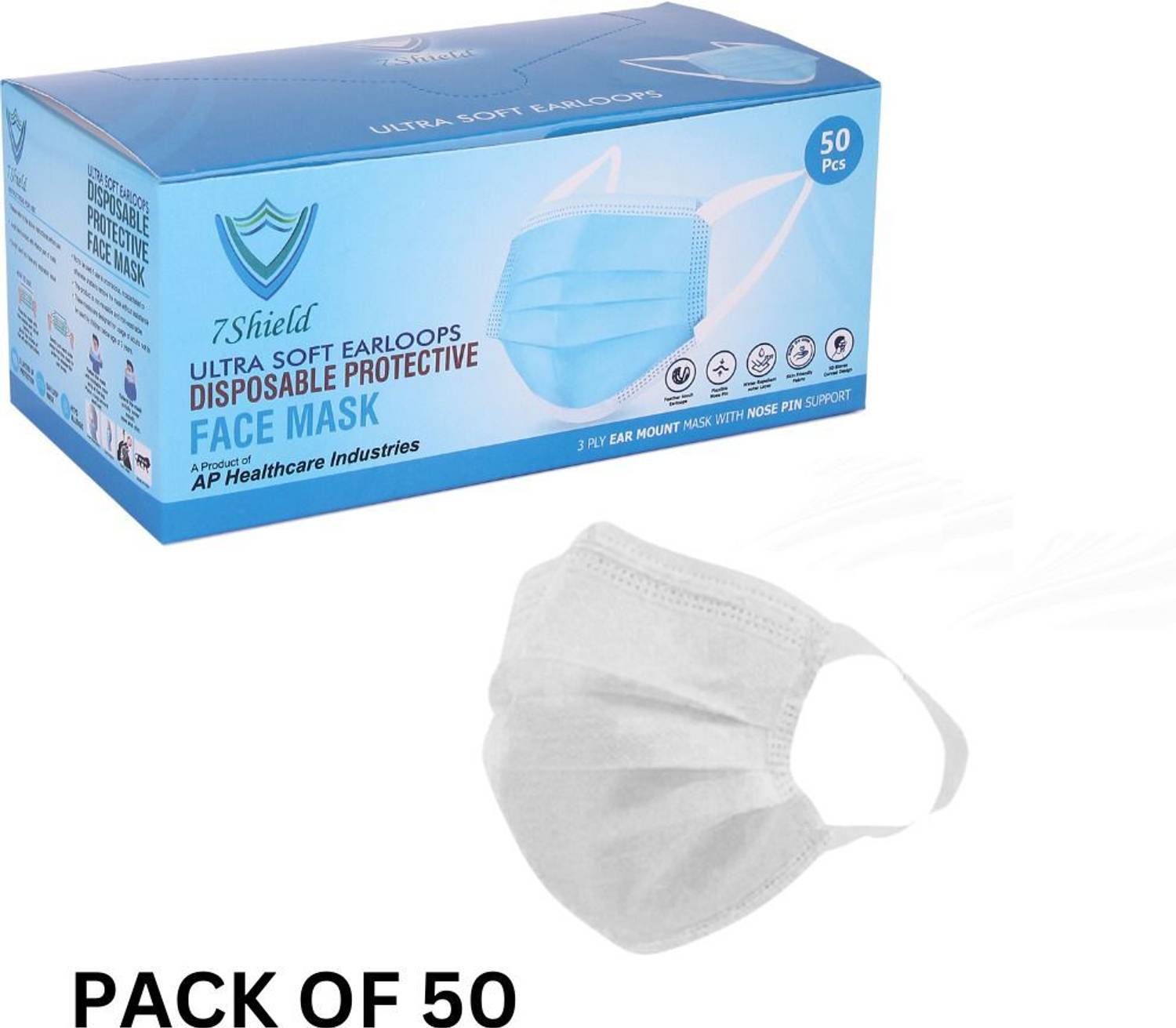7SHIELD CE and ISO Certified with Extra soft Fabric ear loop and Inbuilt Plastic coated Nose pin disposable Blue unisex mask White soft fabric Ear loop Water Resistant Surgical Mask
