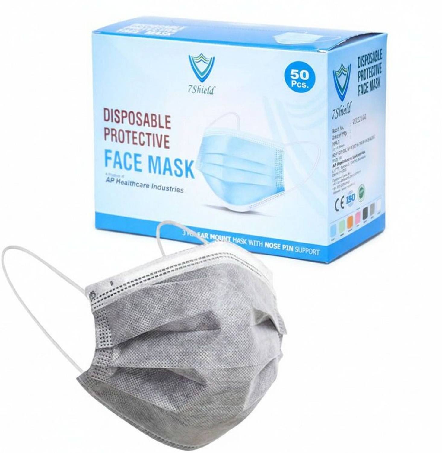 7SHIELD CE and ISO Certified with Extra soft Fabric ear loop and Inbuilt Plastic coated Nose pin disposable unisex mask soft fabric Ear loop Mask Water Resistant Surgical Mask