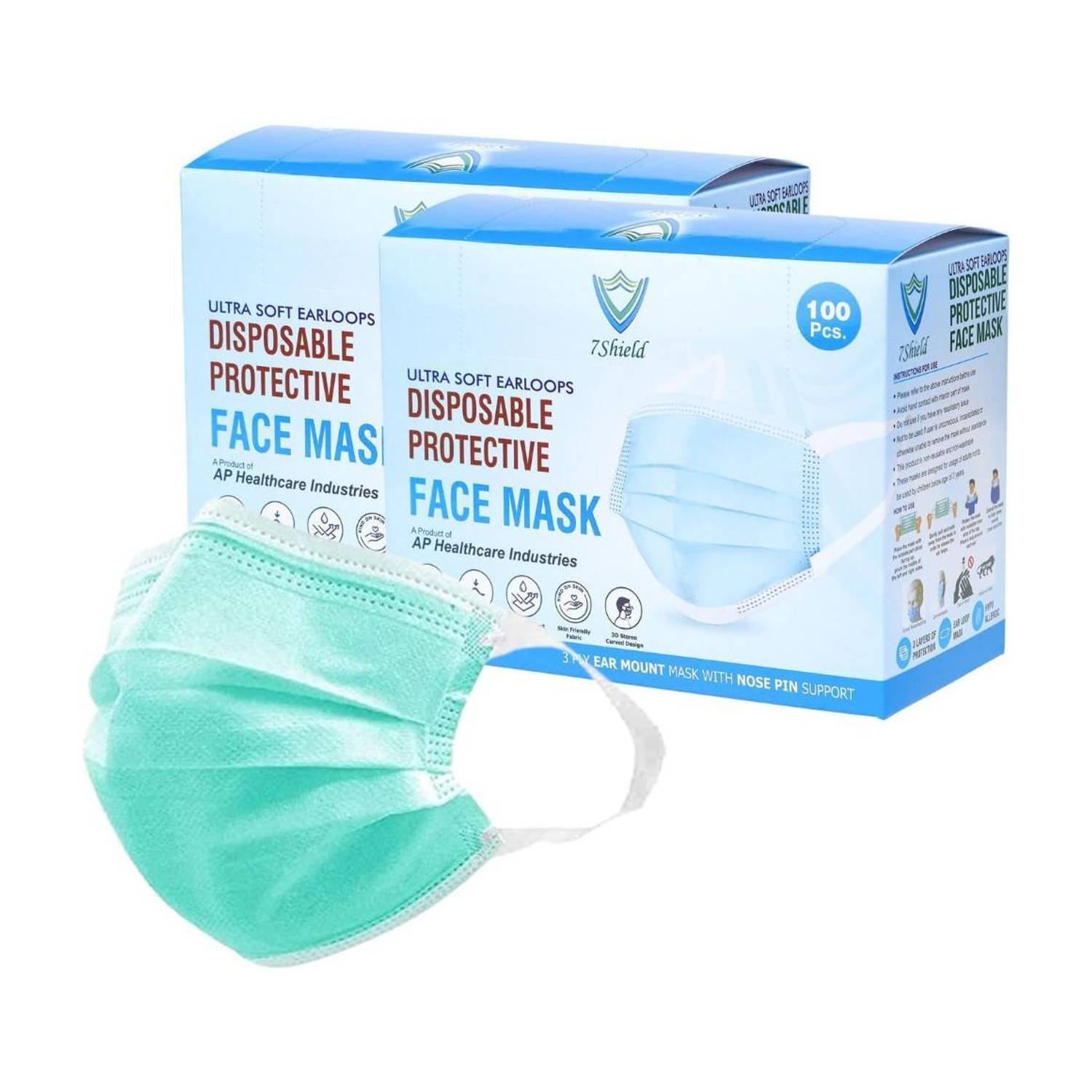 7SHIELD CE and ISO Certified with Extra soft Fabric ear loop and Inbuilt Plastic coated Nose pin disposable Blue unisex mask Green Soft Fabric ear loop Water Resistant Surgical Mask With Melt Blown Fabric Layer
