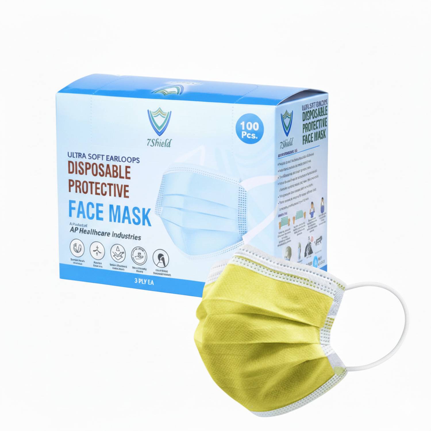 7SHIELD CE and ISO Certified Face Mask with Nose clip and soft ear loops 3PLY Surgical Mask Yellow 3 ply disposable filter protection breathable dust proof Water Resistant Surgical Mask Mfg By :-AP Health Care Yellow surgical mask Water Resistant Surgical Mask