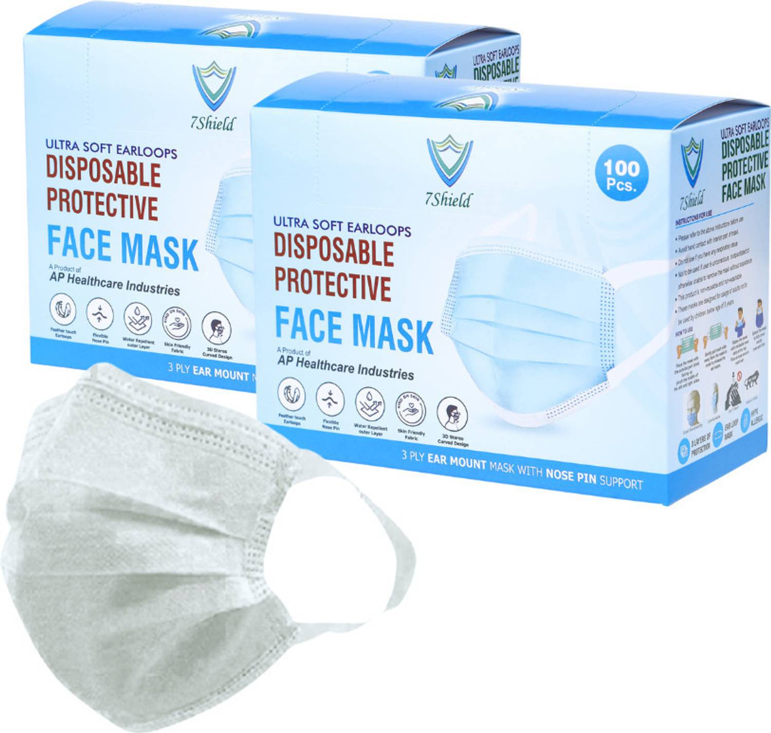 7SHIELD CE and ISO Certified with Extra soft Fabric ear loop and Inbuilt Plastic coated Nose pin disposable unisex mask soft fabric Ear loop Soft loop Mask Water Resistant Surgical Mask