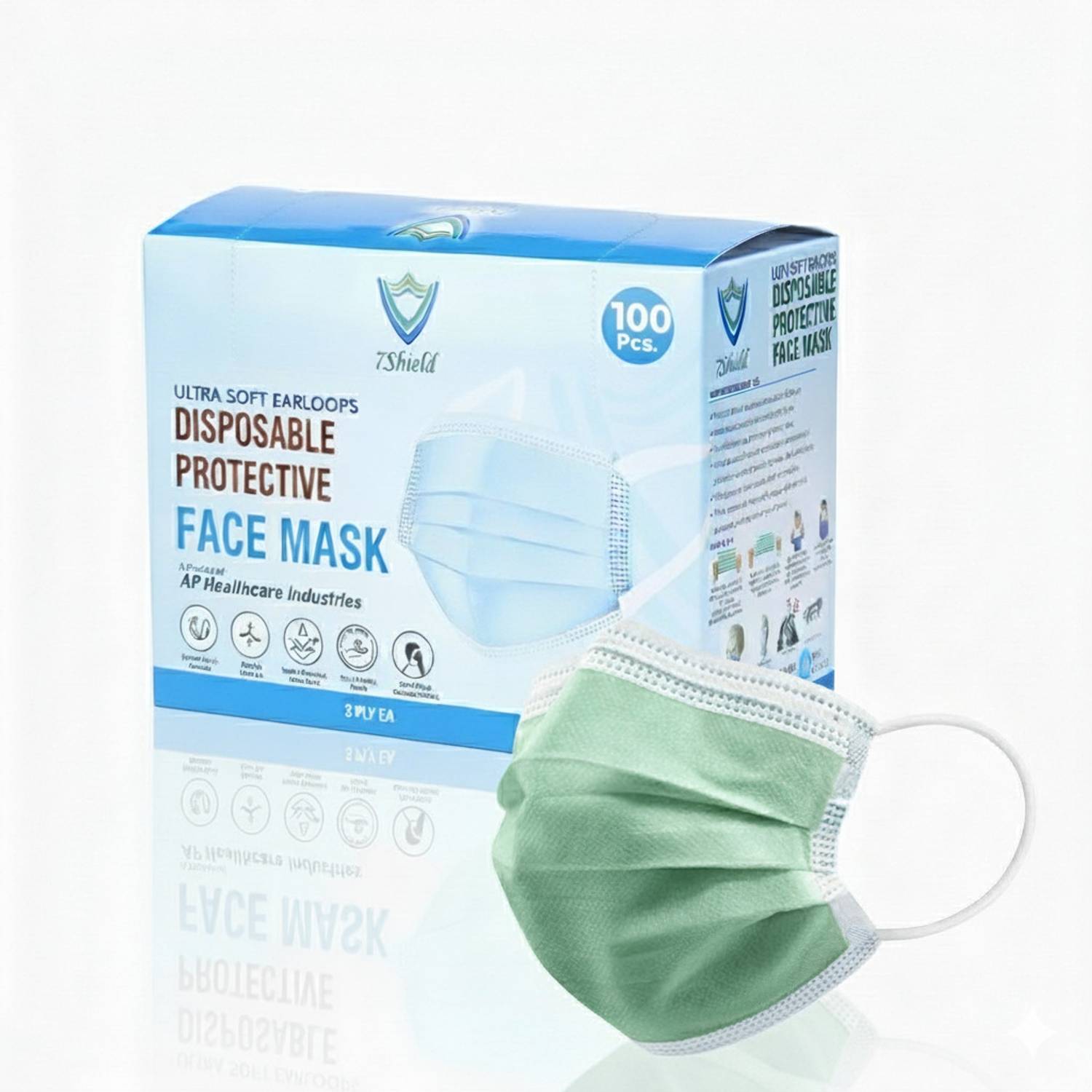 7SHIELD 3 ply green surgical mask Mfg By:-AP health care CE a nd ISO Certified Face Mask with Nose clip and soft ear loops 3PLY Water Resistant Surgical Mask green 3 ply disposable filter protection breathable dust proof Water Resistant Surgical Mas Water Resistant Surgical Mask
