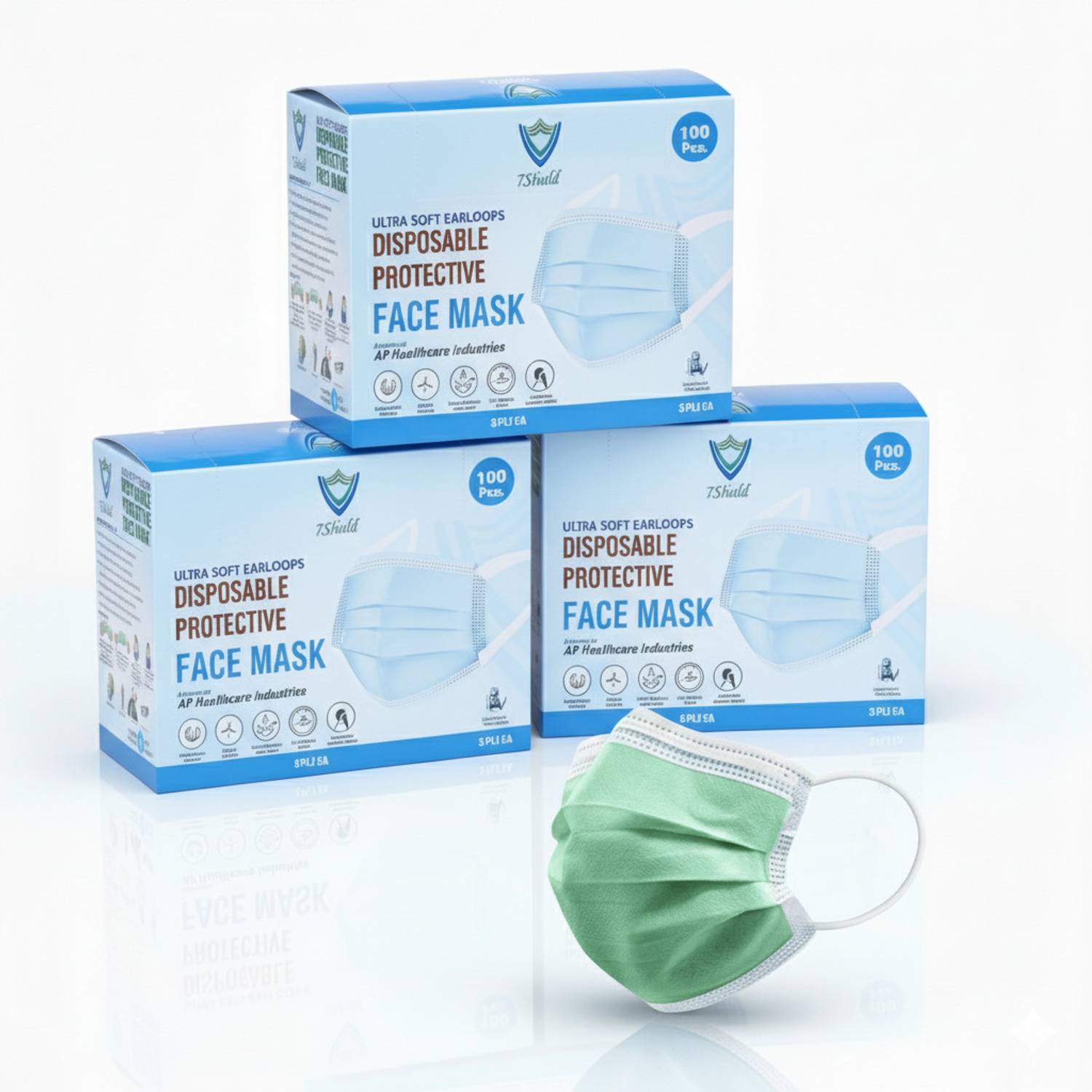 7SHIELD 3 ply green surgical mask, MFG By:- AP Health Care CE and ISO Certified Face Mask with Nose clip and soft ear loops 3PLY Water Resistant Surgical Mask green 3 ply disposable filter protection breathable dust proof Water Resistant Surgical Mask Water Resistant Surgical Mask