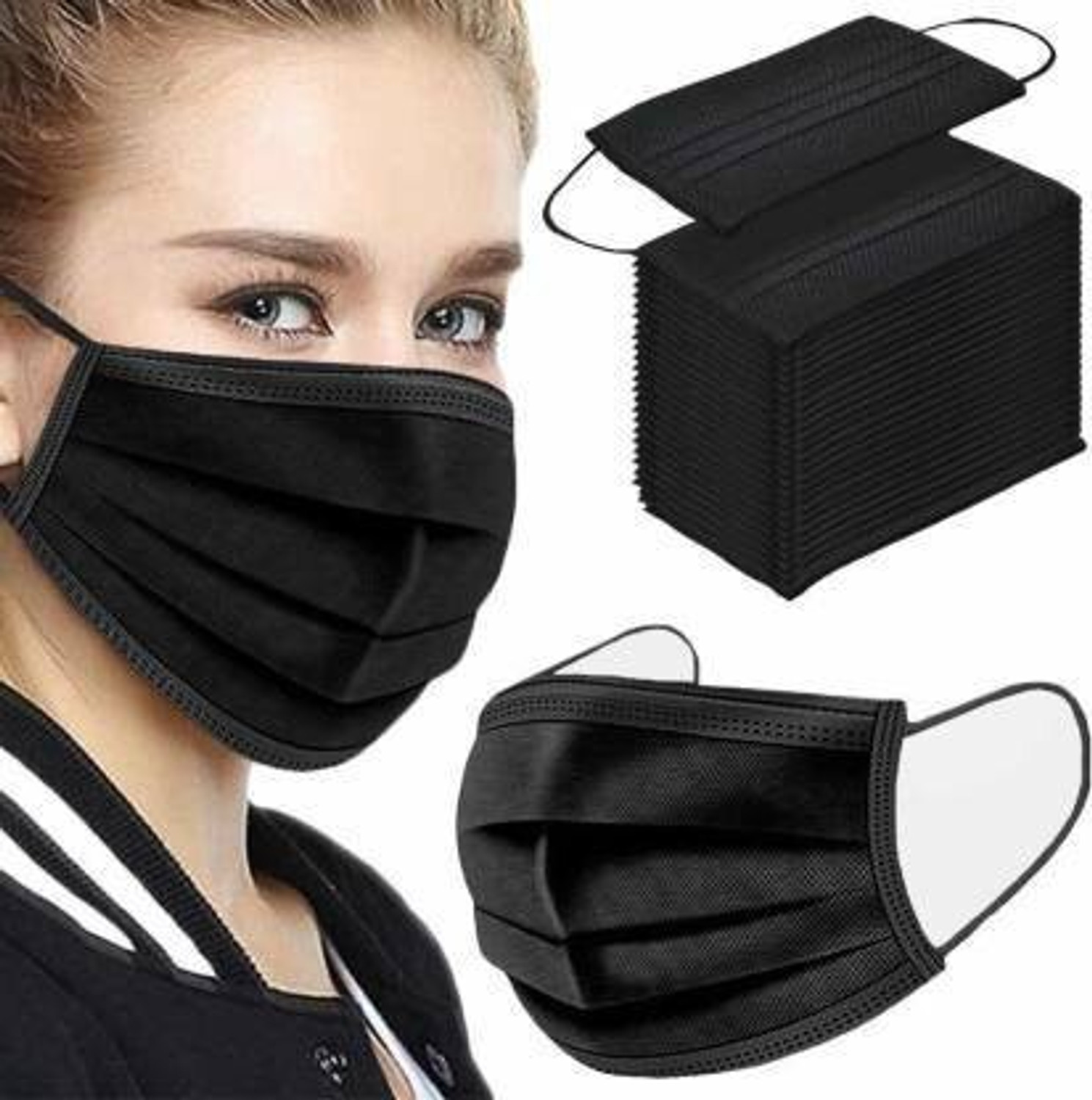 Image of Vaghani 100 Black Mask With Pin Iso Mark 3 Ply Pharmaceutical Surgical Pollution 3 Ply ( With Nose Pin ) Surgical Mask With Melt Blown Fabric Layer