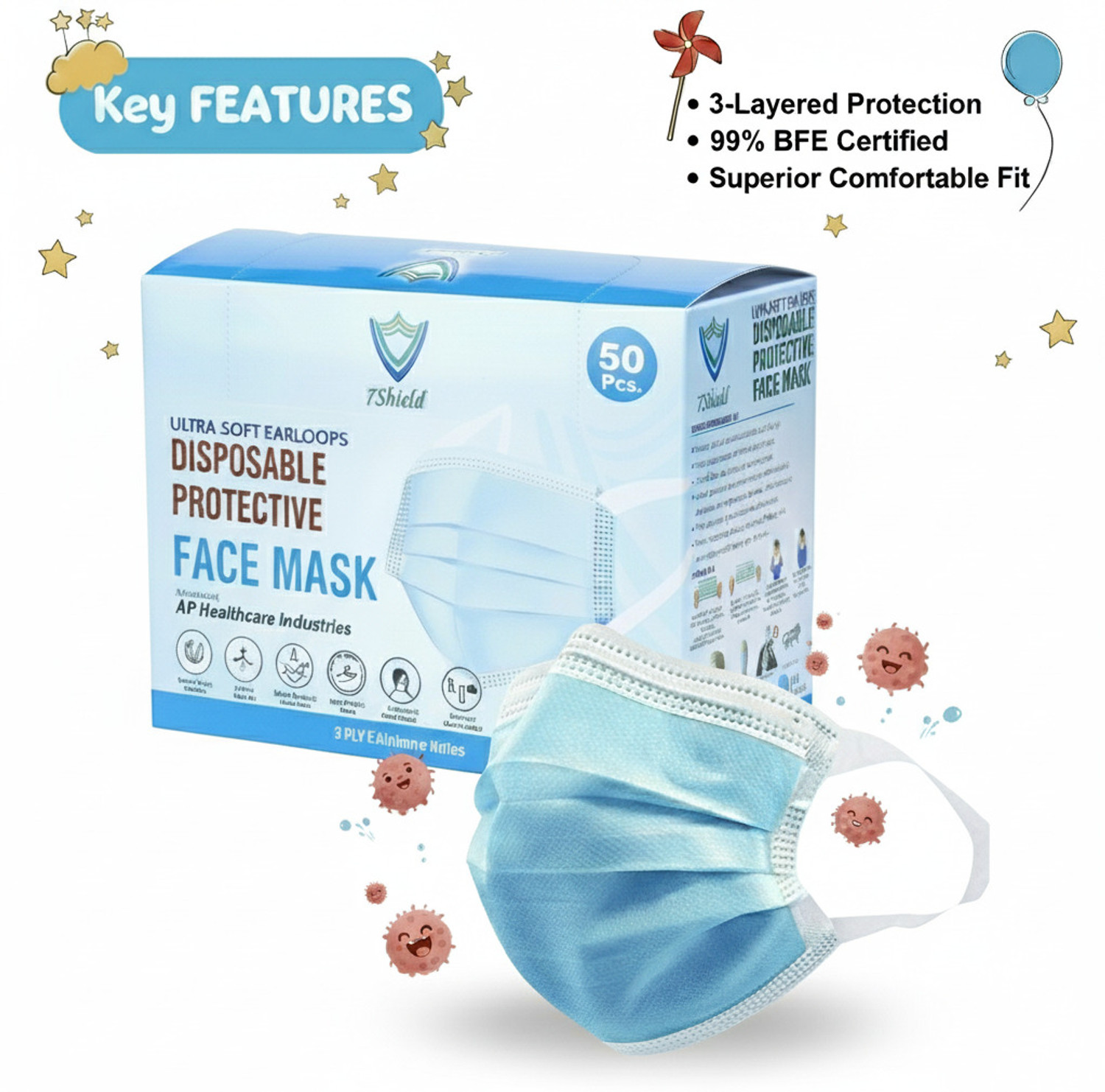Image of 7SHIELD Kids Size CE and ISO Certified mask with Extra soft Fabric ear loop and Inbuilt Plastic coated Nose pin unisex mask soft fabric Ear loop Kids size Mask Water Resistant Surgical Mask With Melt Blown Fabric Layer
