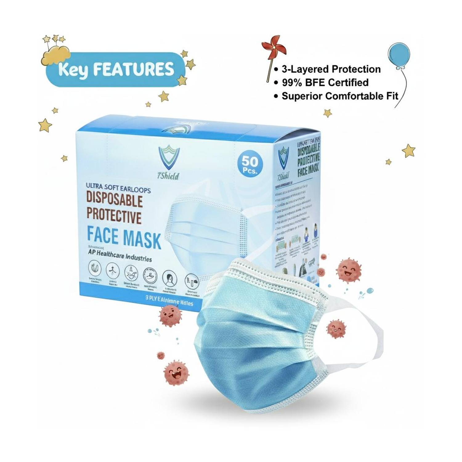 7SHIELD Kids Size CE and ISO Certified mask with Extra soft Fabric ear loop and Inbuilt Plastic coated Nose pin unisex mask soft fabric Ear loop Kids size Mask Water Resistant Surgical Mask