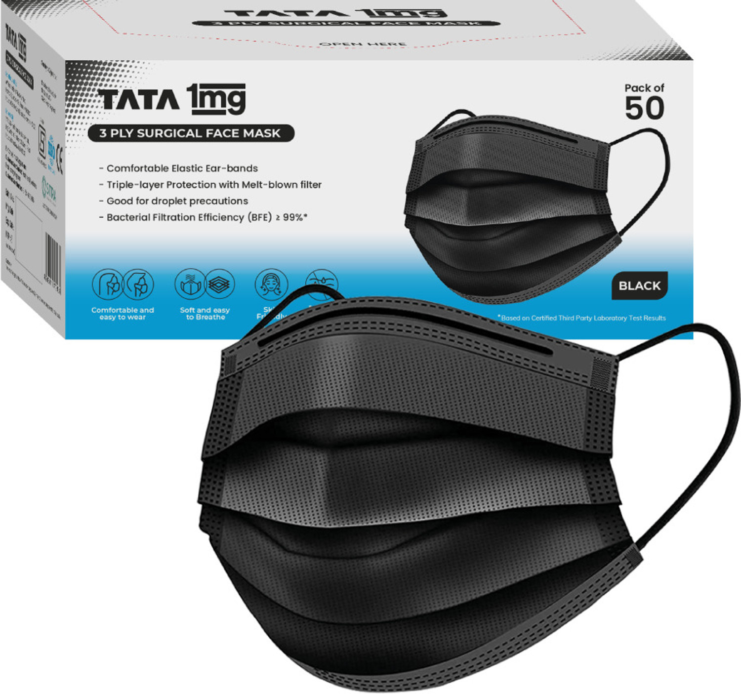 Image of TATA 1mg 3 Ply Surgical Mask with Meltblown Filter and Nose Pin Surgical Mask With Melt Blown Fabric Layer