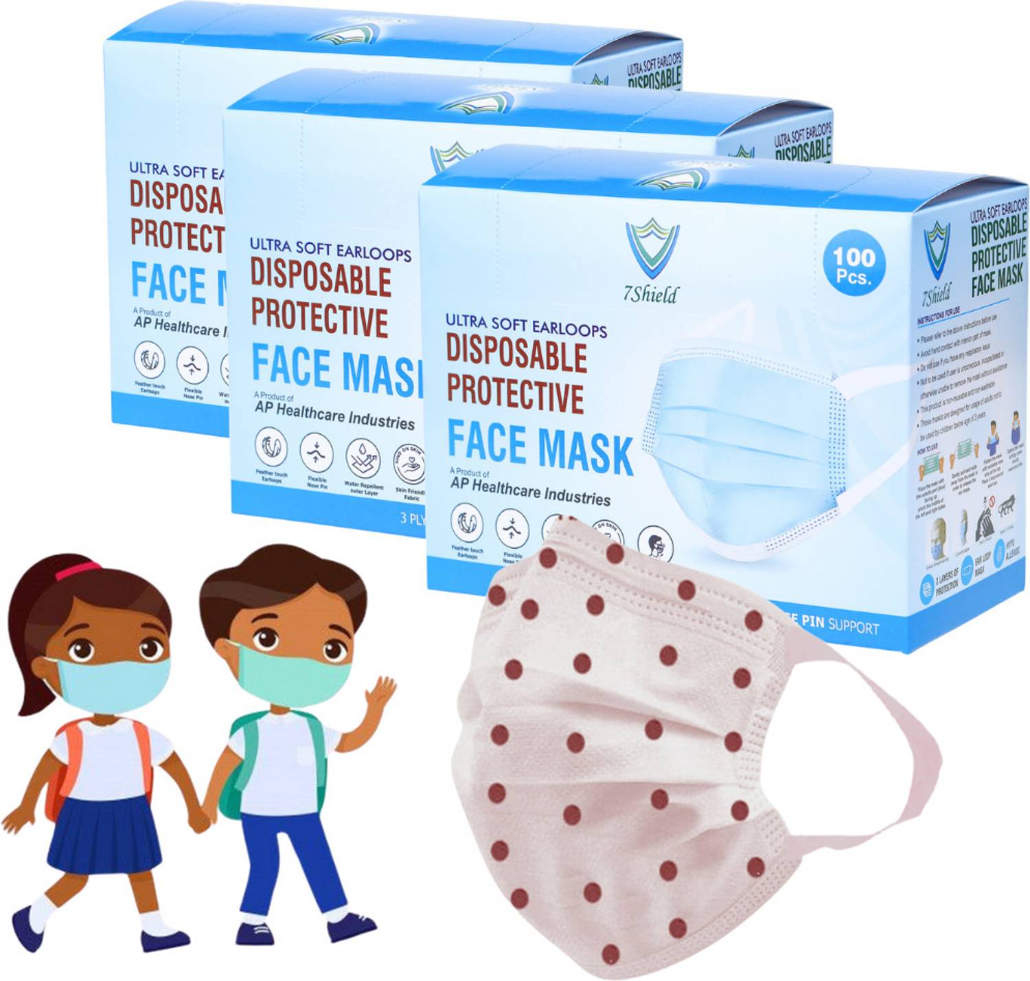7SHIELD Kids Size Red dot printed Face Mask with Nose clip and soft fabric ear loop Mask 3 ply disposable filter protection breathable dust proof red dot_child mask Non-Washable, Non-Reusable Surgical Mask