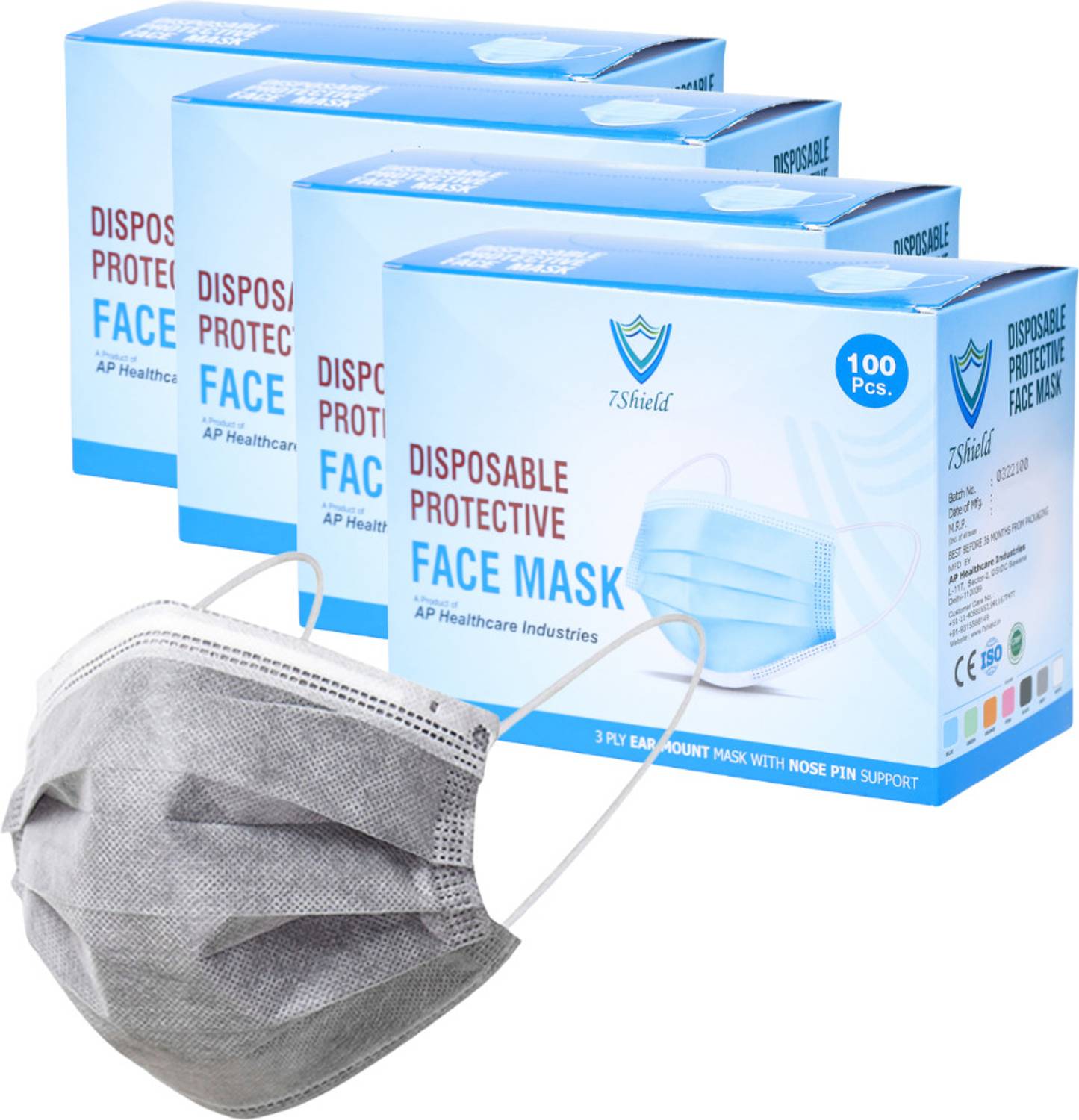 7SHIELD CE and ISO Certified with Extra soft Fabric ear loop and Inbuilt Plastic coated Nose pin disposable unisex mask soft fabric Ear loop Mask Water Resistant Surgical Mask