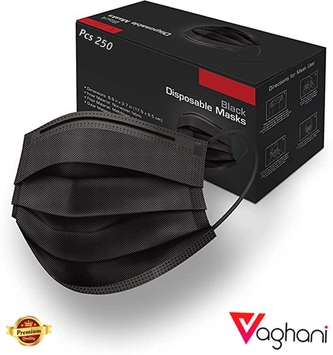 Image of Vaghani 250 PcsBlack Nose Pin Meltblown Iso Mark Pharmaceutical Primium Quality Mask 3 Ply Polluation Melt Blown Mask 250 Pcs ( Black )( 75 Gsm ) Surgical Mask With Melt Blown Fabric Layer