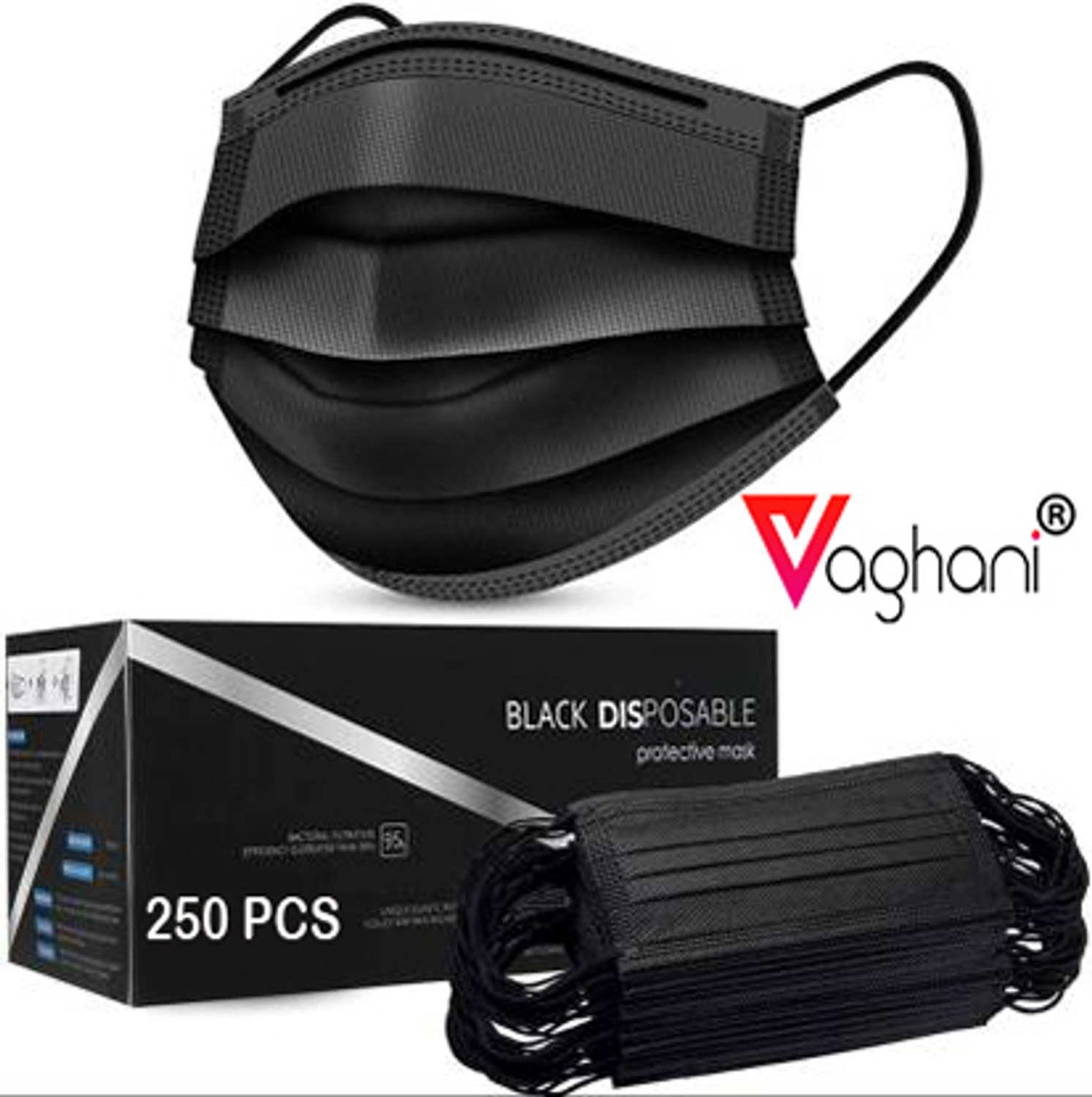 Image of Vaghani 250Pcs Black Polluation Pharmaticul Mask With Nose Pin 3 Ply Polluation Pharmaticul Mask 250 Pcs ( Black )( 75 Gsm )(Quality)) Surgical Mask With Melt Blown Fabric Layer