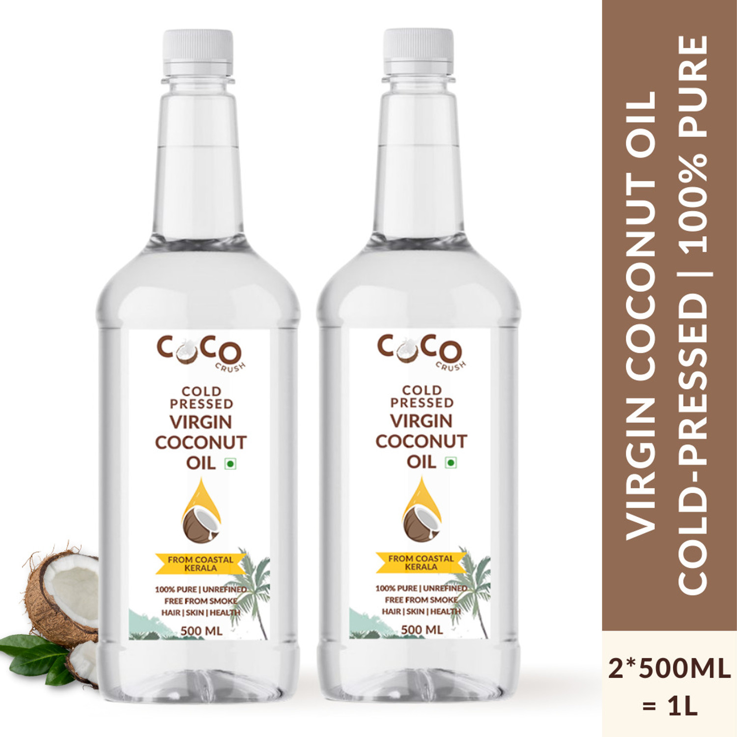 Image of COCO CRUSH Pack of 2 Virgin Coconut Oil | Cold Pressed | Hair, Body, Baby Massage | 2*500ML