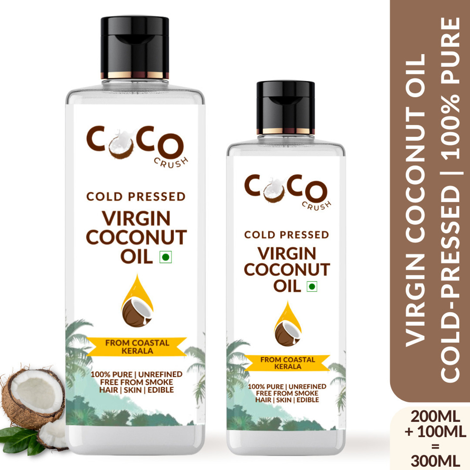 Image of COCO CRUSH Combo of Virgin Coconut Oils, 200ml+100ml | Cold Pressed, 100% Pure & Natural