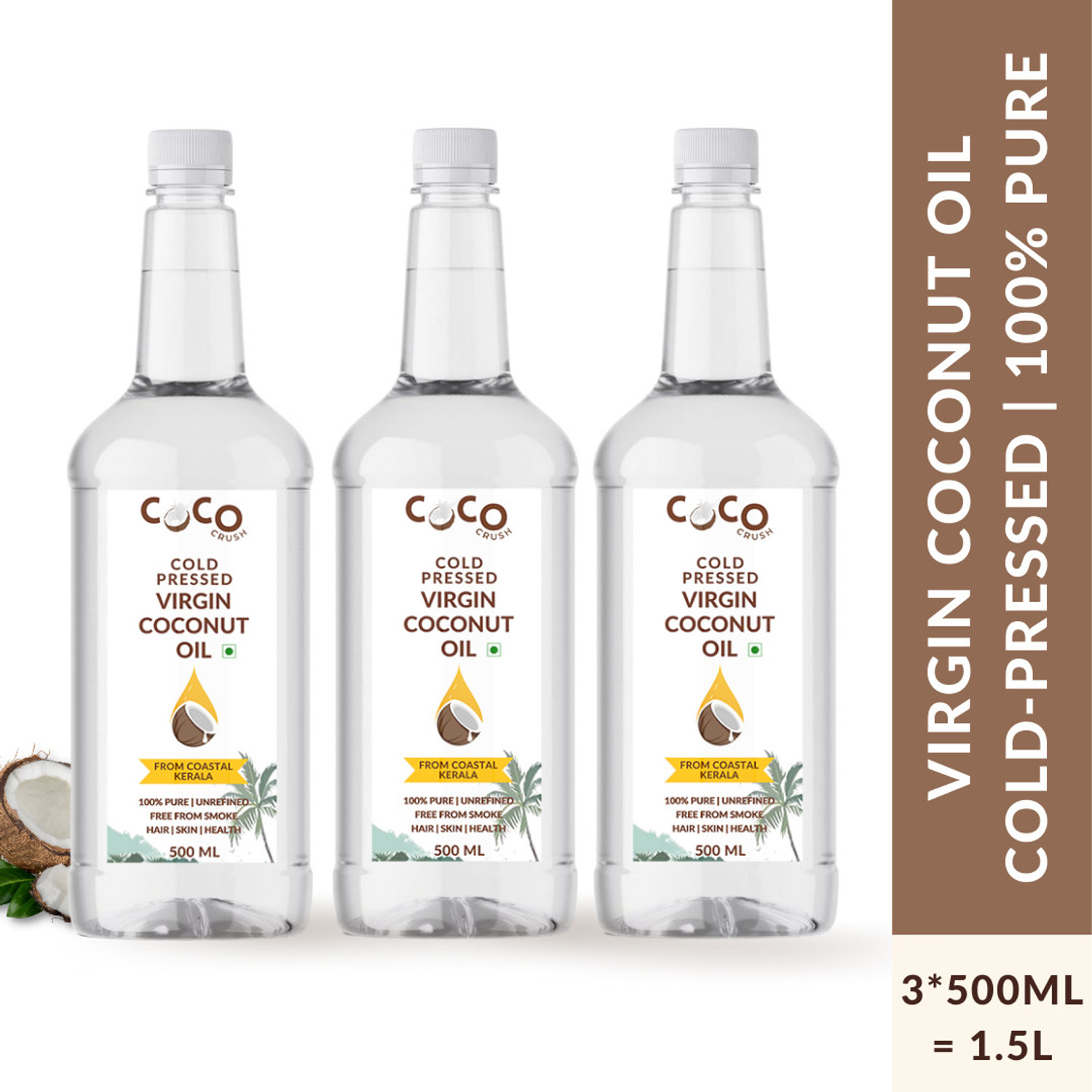 Image of COCO CRUSH Pack of 3 Virgin Coconut Oil | Cold Pressed | Hair, Body, Baby Massage | 3*500ML