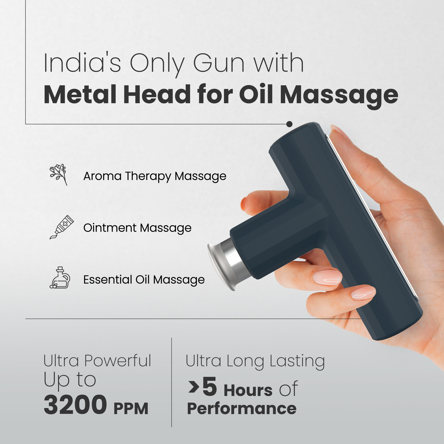 Image of UltraCare PRO UltraGun PRO Massage Gun with Unique metal head for Oil Massage and 3 Soft Silicone Heads | Ultra compact lightweight | with 1 year warranty. Massager