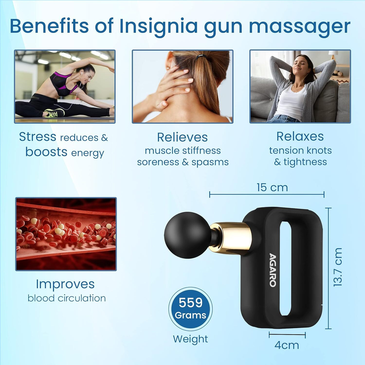 Image of AGARO 33717 Insignia Handheld Percussion Massage Gun, 2500mAh, Portable, Brush Motor Massager