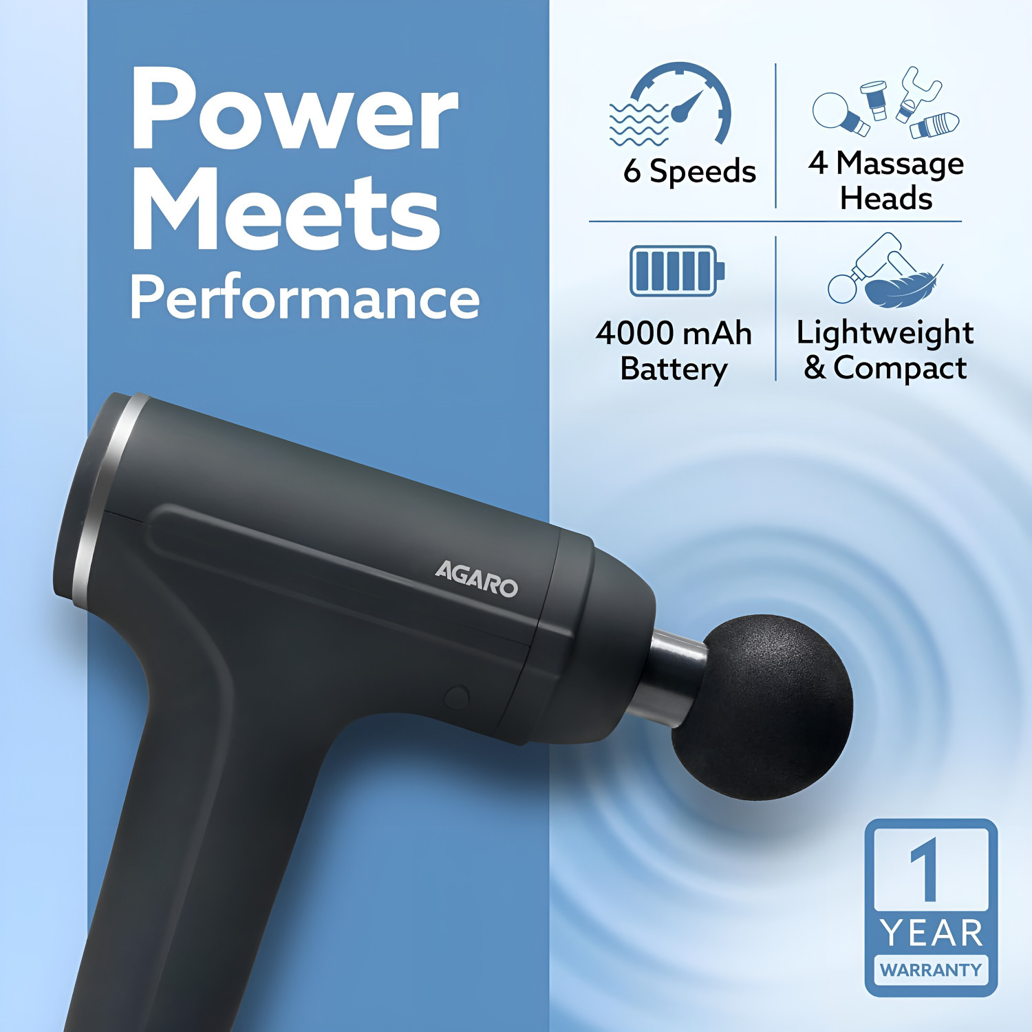 Image of AGARO GALAXY MINI GUN Gun Massager, 4 Heads, 6 Speed, Rechargeable, Handheld Massager