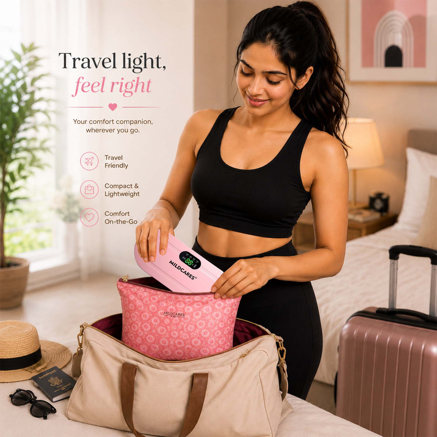 Image of MILDCARES Period Pain Relief Belt Rechargeable Heating Pad Pain Relief Roll‑On + Carry Bag Plaster & Patch