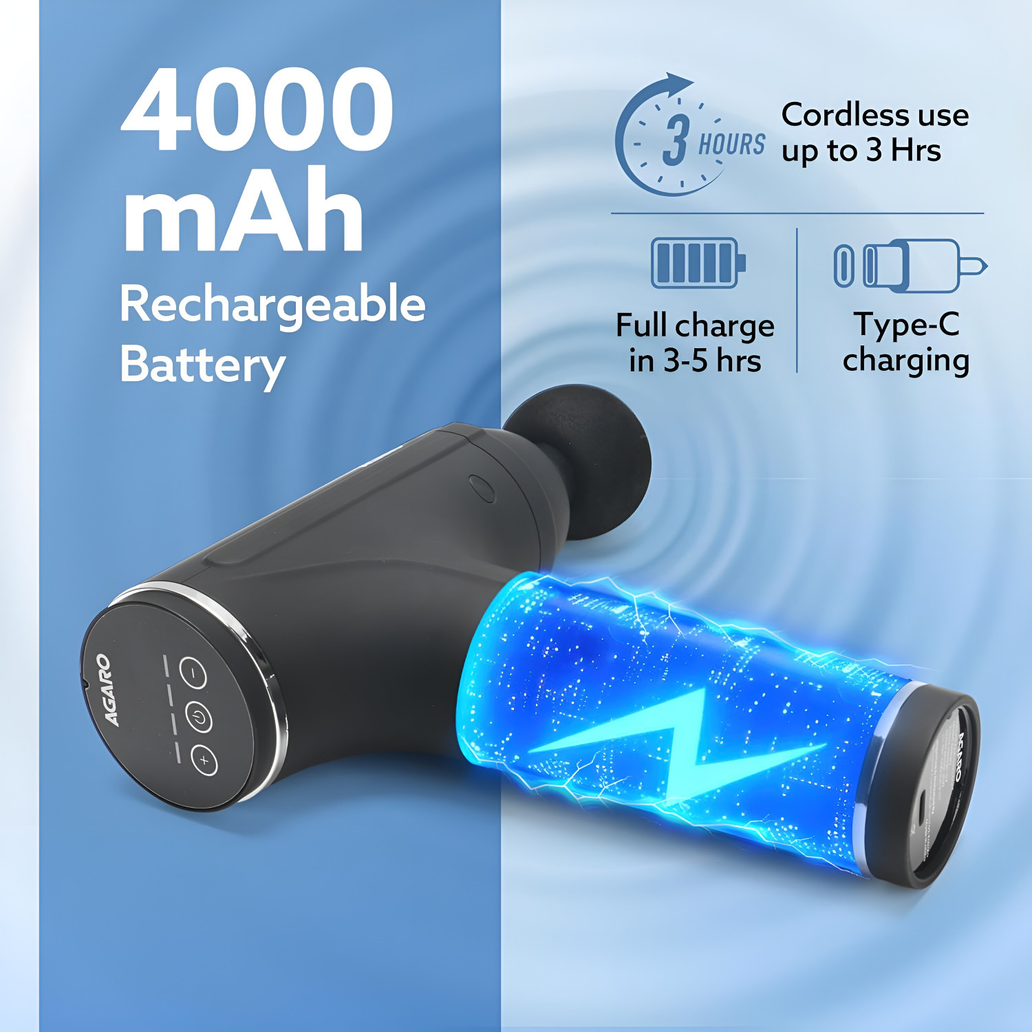 Image of AGARO GALAXY MINI GUN Gun Massager, 4 Heads, 6 Speed, Rechargeable, Handheld Massager