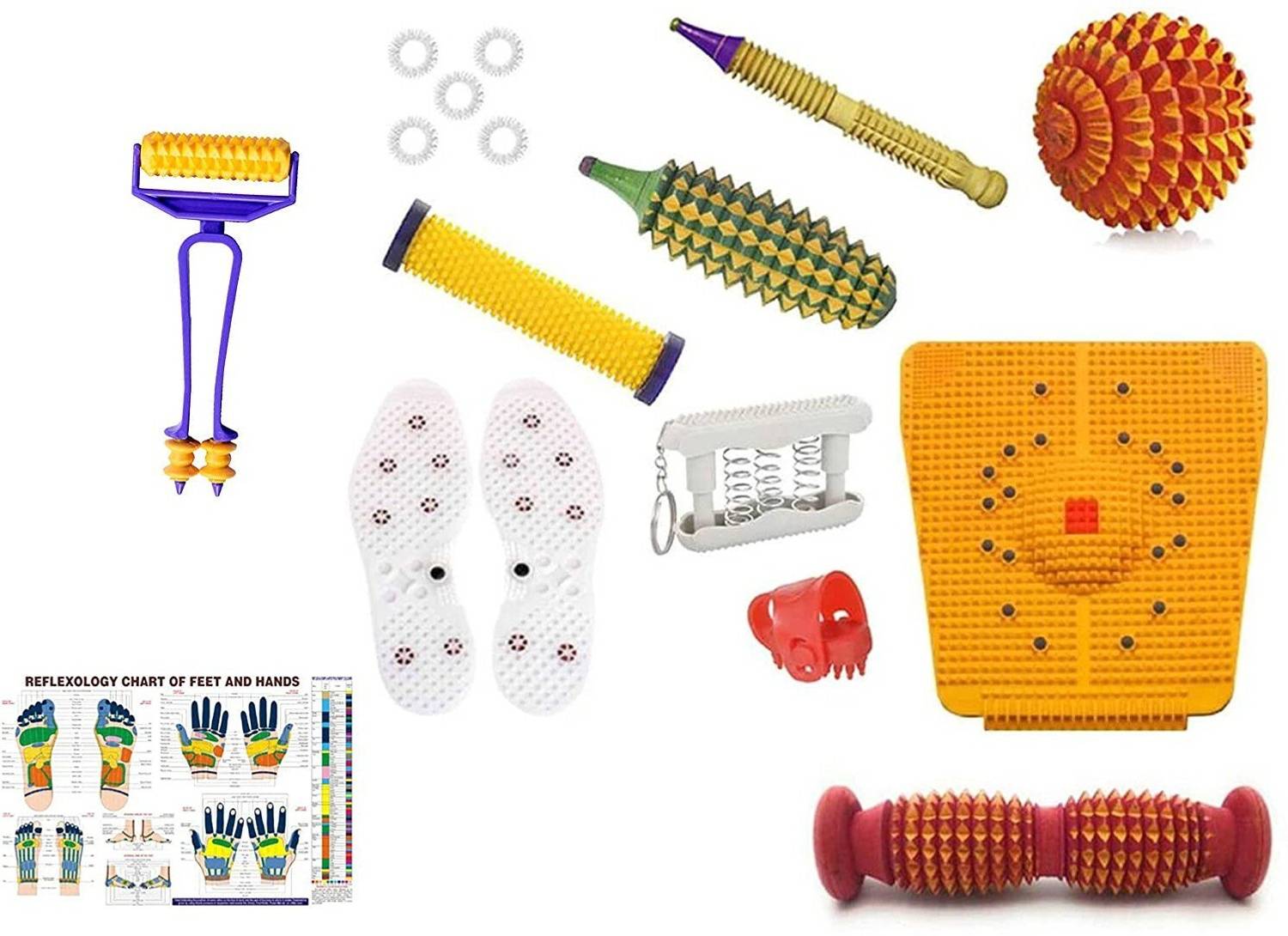 AHCS Acupressure kit Massager Tools Combo Kit With Foot Roller Wooden Mat Magneto Handle Roller With Advance Finger Massager Shoe Sole 5 Massage Rings Acupressure Massager