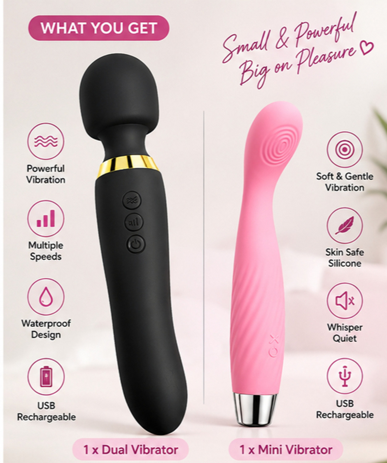 Image of RAJKOT ENTERPRISE 2-in-1 Body Massager Combo - Pink Wand & Black Stick Mini Electric Wand Massager