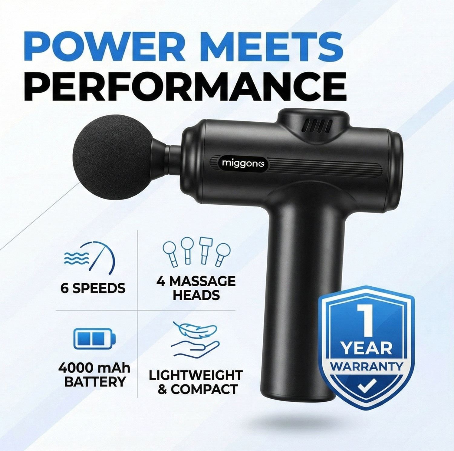 Image of Miggon Full Body Deep Tissue Massage Gun Handheld Percussion Massager 6Speeds & 4Heads Muscle Relief, Recovery & Relaxation - Neck /Back /Shoulder /Legs /Feet Men & Women Massager