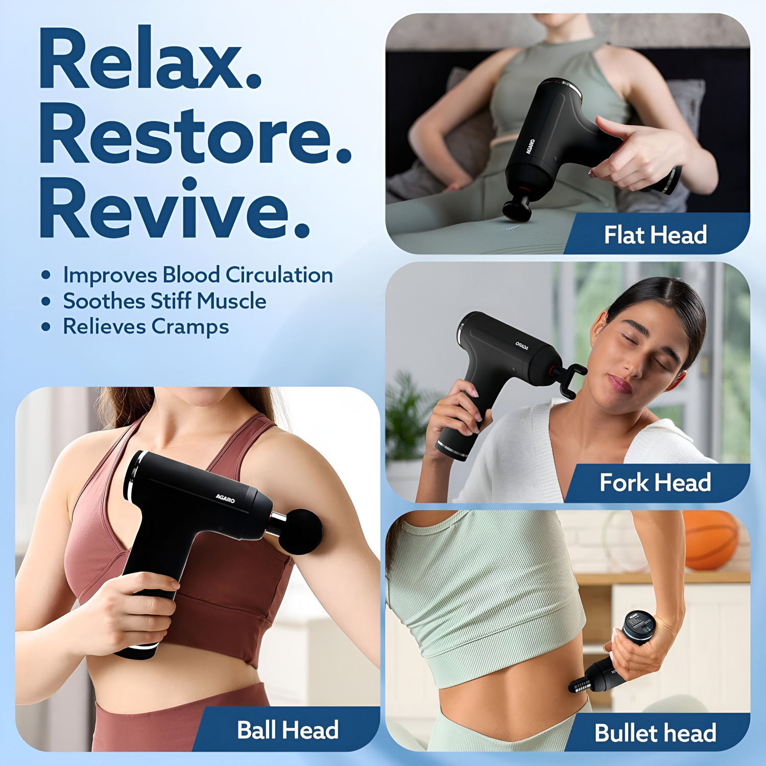 Image of AGARO GALAXY MINI GUN Gun Massager, 4 Heads, 6 Speed, Rechargeable, Handheld Massager