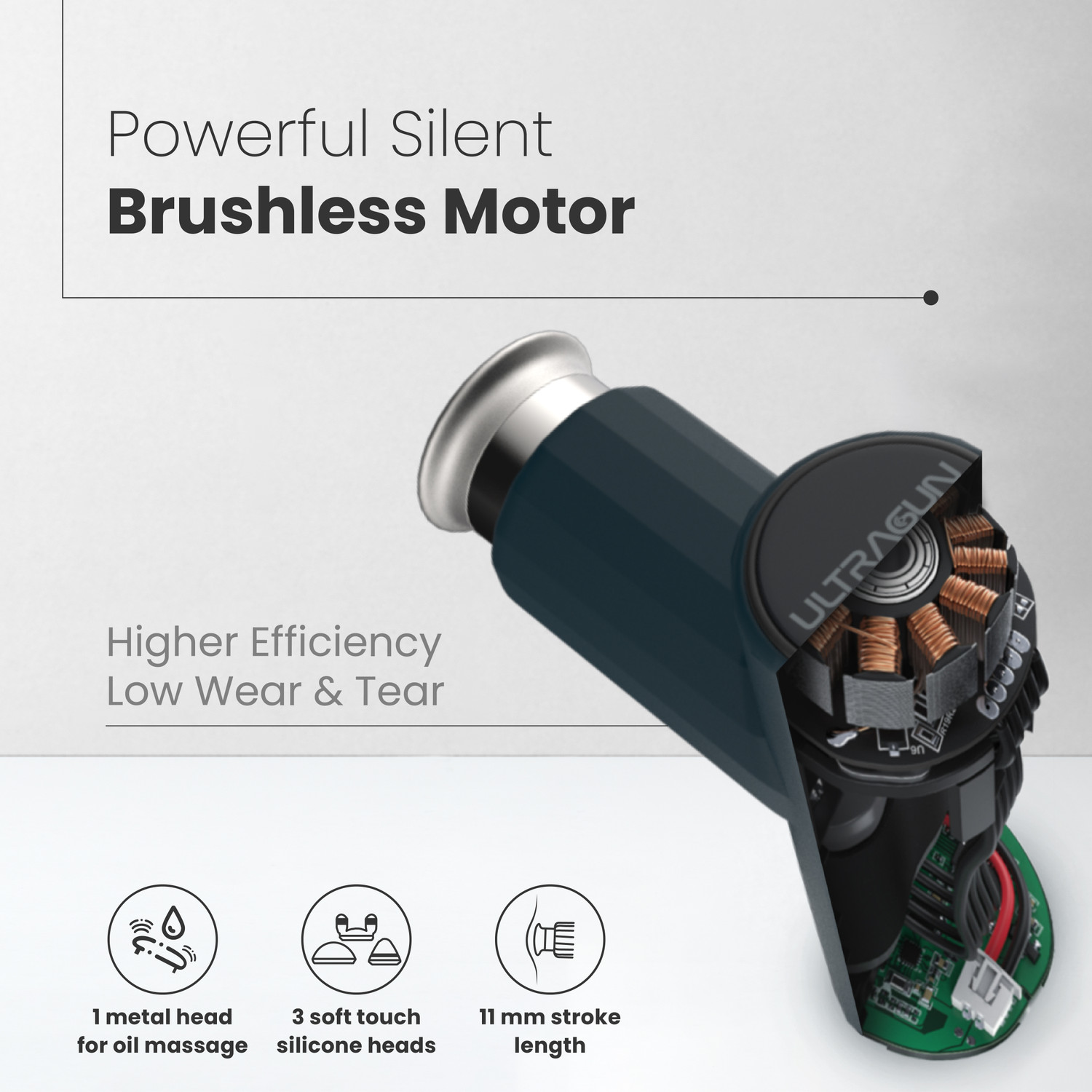 Image of UltraCare PRO UltraGun PRO Massage Gun with Unique metal head for Oil Massage and 3 Soft Silicone Heads | Ultra compact lightweight | with 1 year warranty. Massager