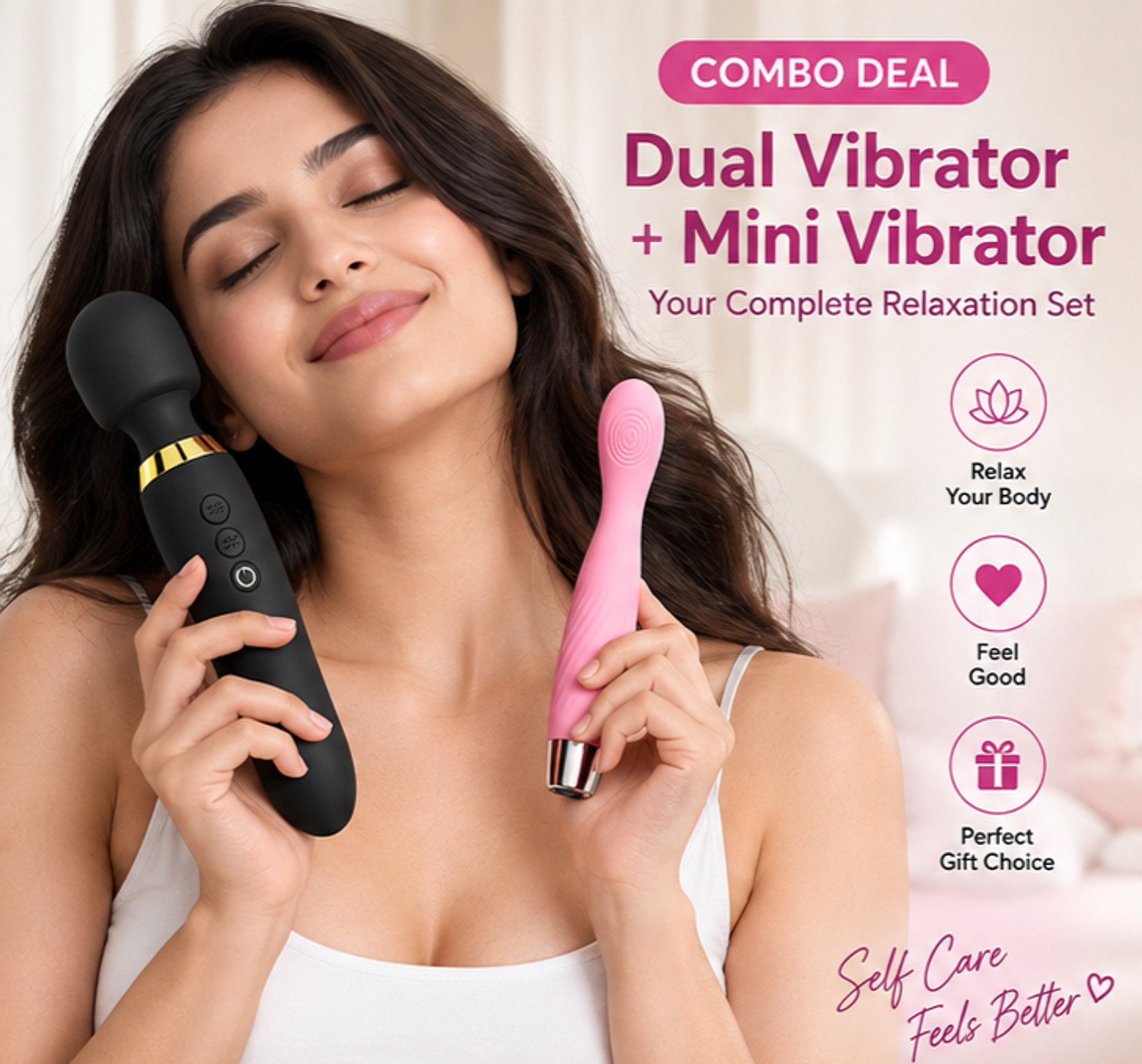 Image of RAJKOT ENTERPRISE 2-in-1 Body Massager Combo - Pink Wand & Black Stick Mini Electric Wand Massager
