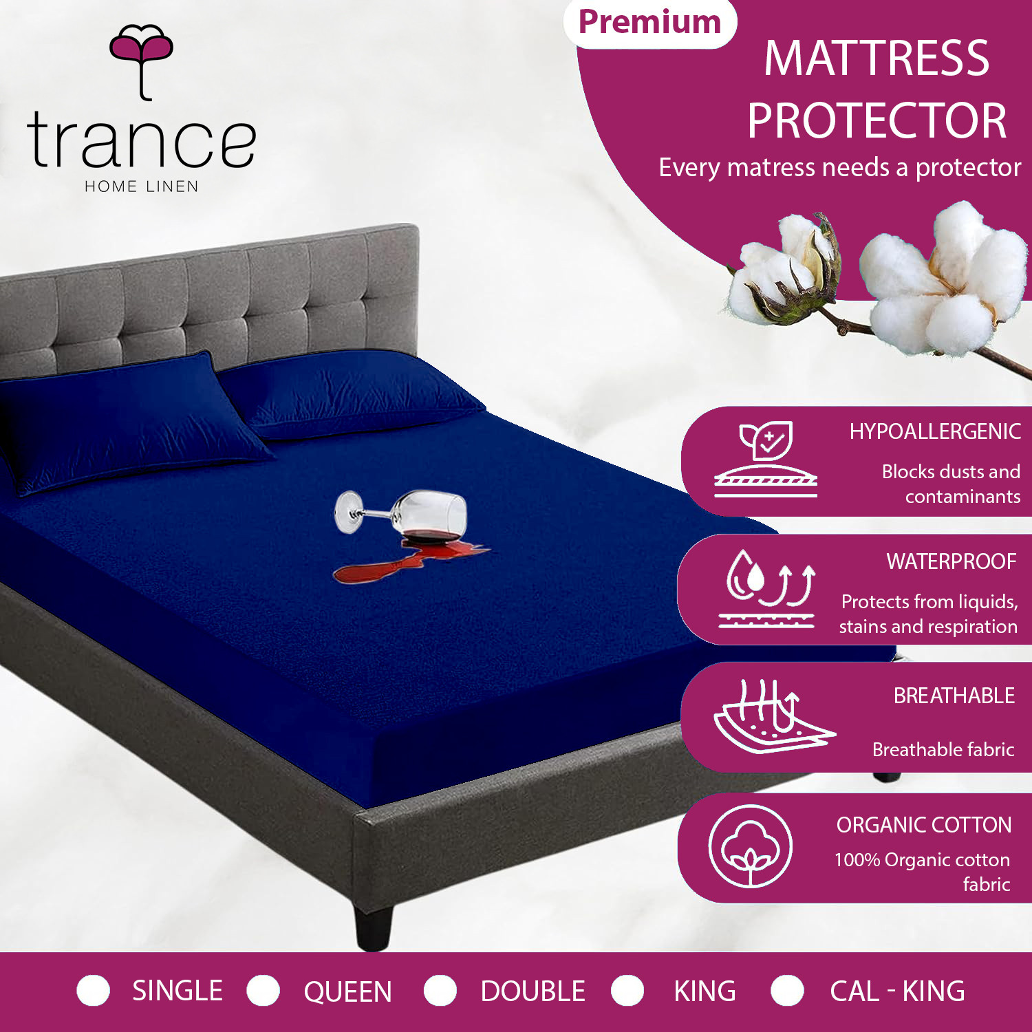 Image of Trance Home Linen Queen Size Fitted Terry Cotton Waterproof Mattress Cover