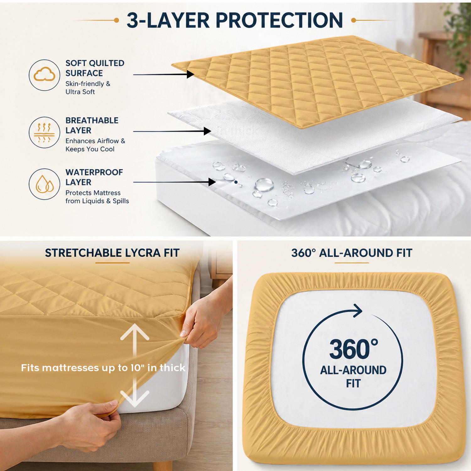 Image of compal Double Size Fitted Polycotton Breathable, Waterproof, Stretchable Mattress Cover