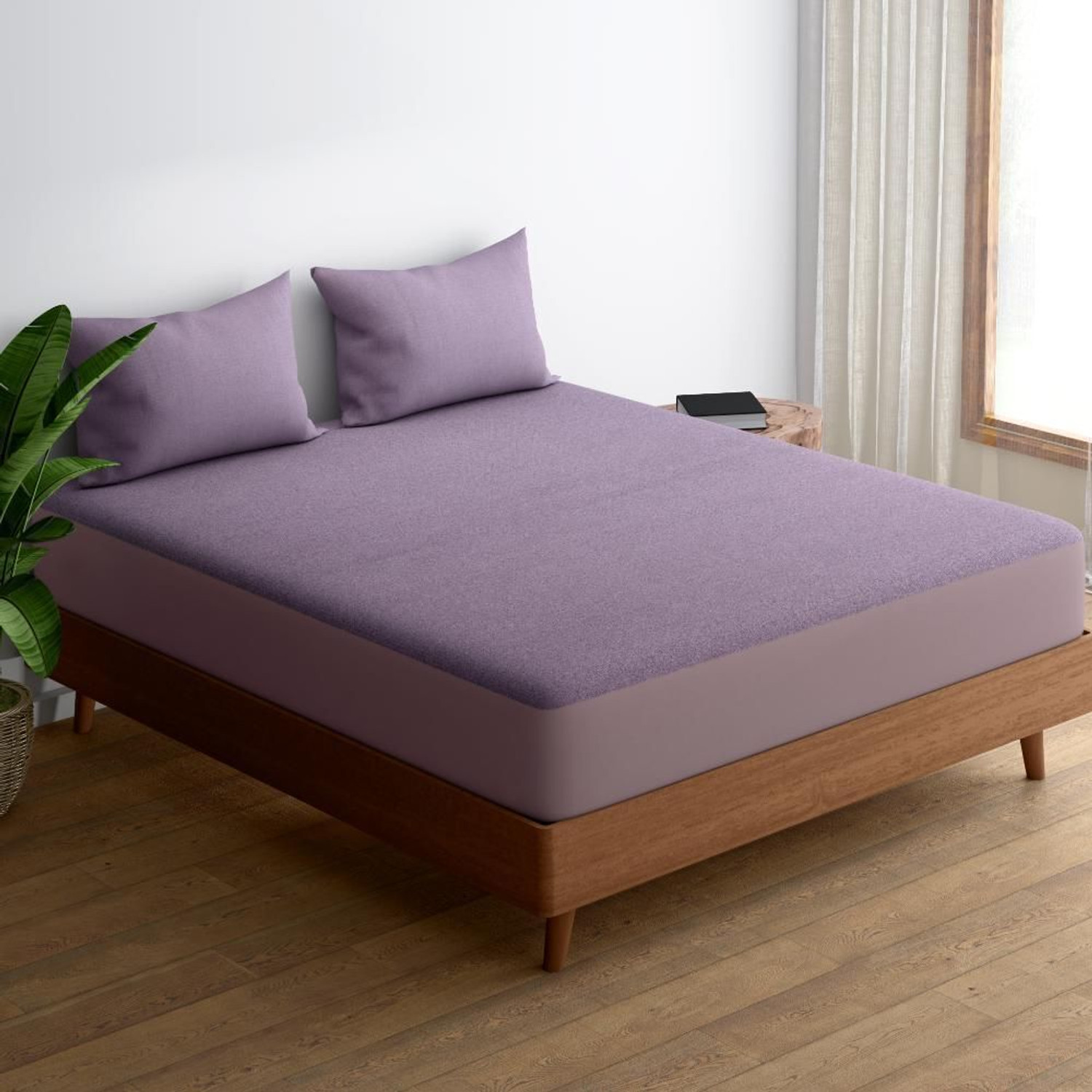 Image of Wakefit Queen Size Elastic Strap Terry Cotton Waterproof, Stretchable, Breathable Mattress Cover (191 cm x 168 cm, Purple)