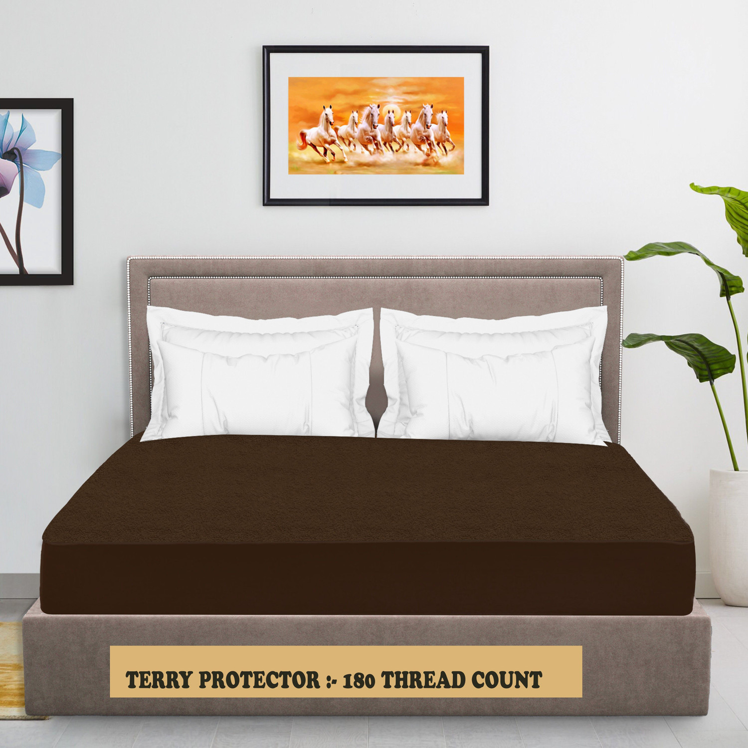 Image of CRAZY WORLD Queen Size Fitted Terry Cotton Breathable, Stretchable, Waterproof Mattress Cover (198.12 cm x 152.4 cm, Brown)