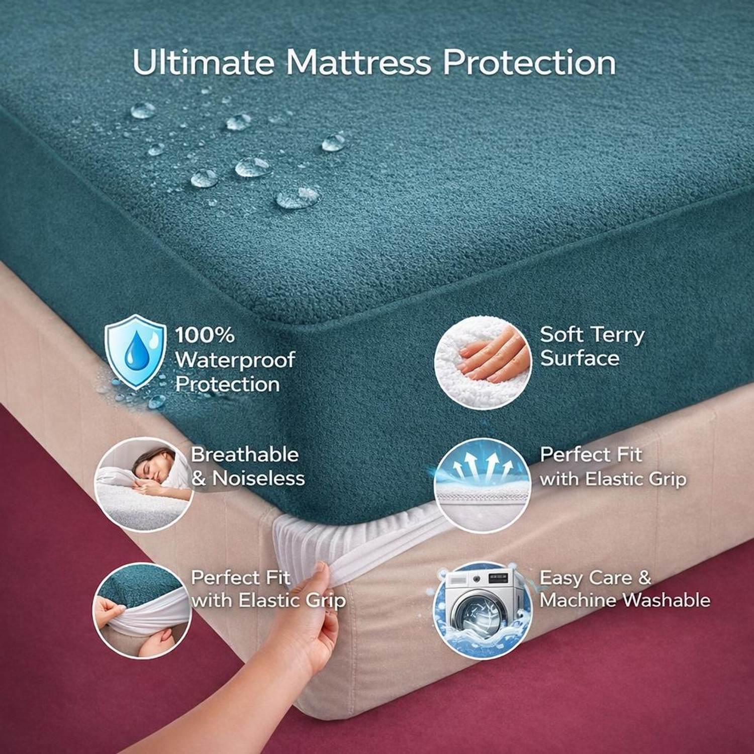 Image of Teja Queen, King, Double Size Fitted Cotton Breathable, Stretchable, Waterproof Mattress Cover