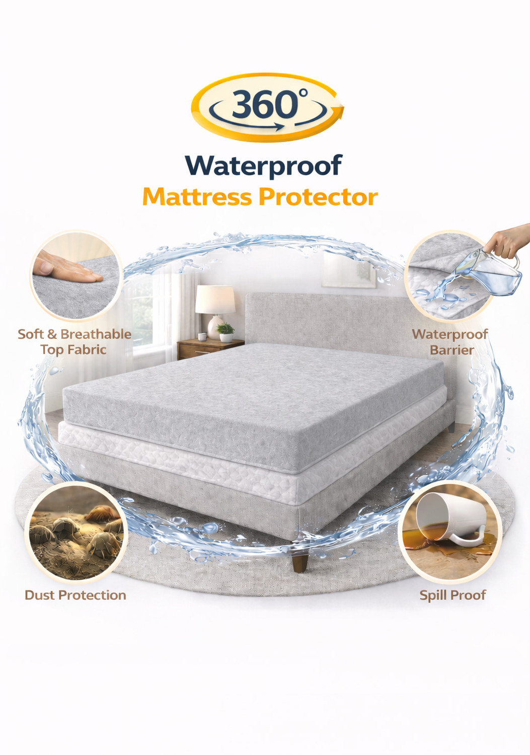 Image of KPS King Size Elastic Strap Cotton Waterproof Mattress Cover (78 cm x 72 cm, Grey)