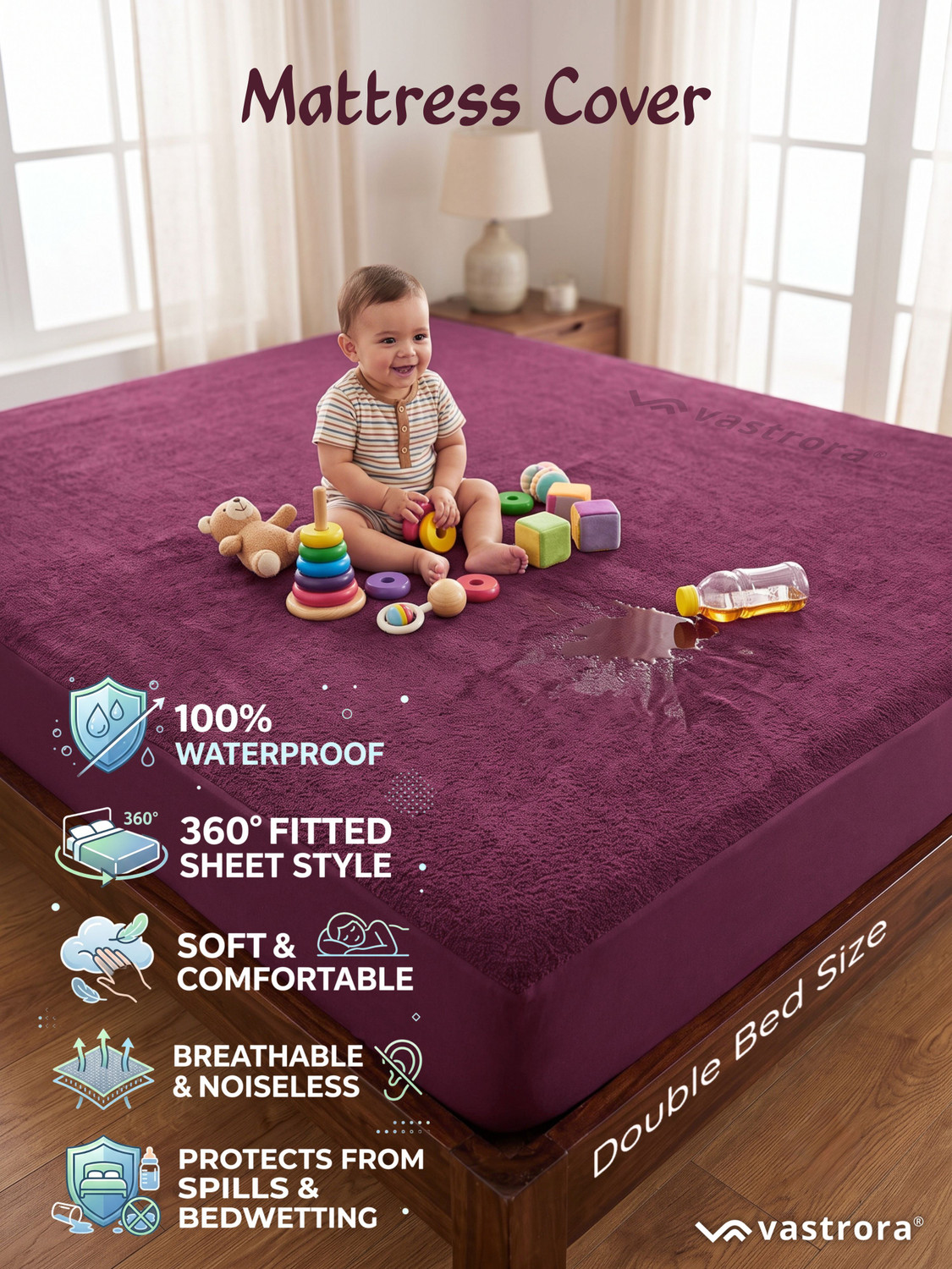 Image of Vastrora Double Size Fitted Terry Cotton Waterproof, Breathable, Stretchable Mattress Cover