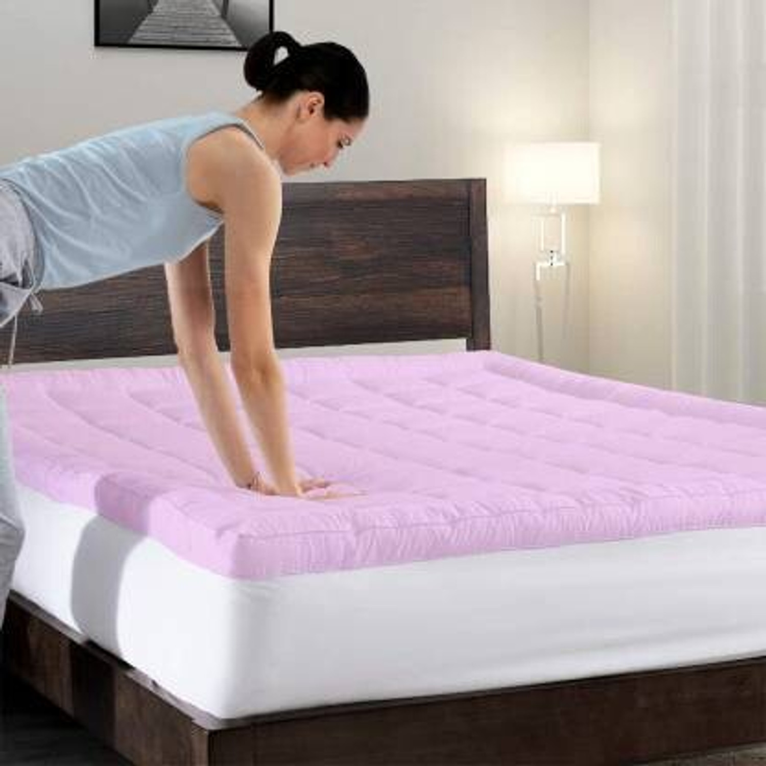 Image of DORISTYLE 3 inch (7.62 cm) Queen Size Microfibre Waterproof Mattress Topper (182.88 cm x 152.4 cm, Pink)