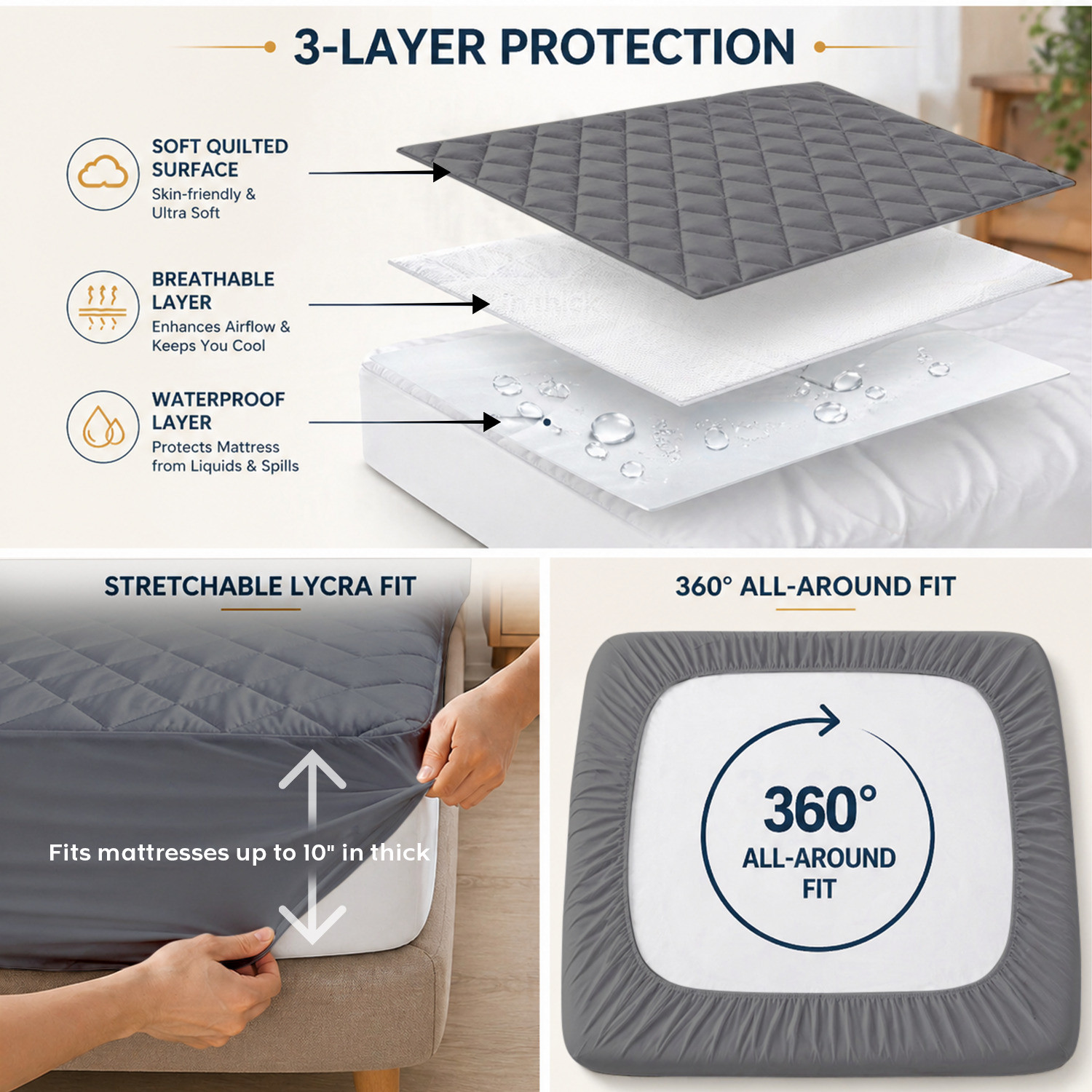 Image of compal Double Size Fitted Polycotton Waterproof, Breathable, Stretchable Mattress Cover