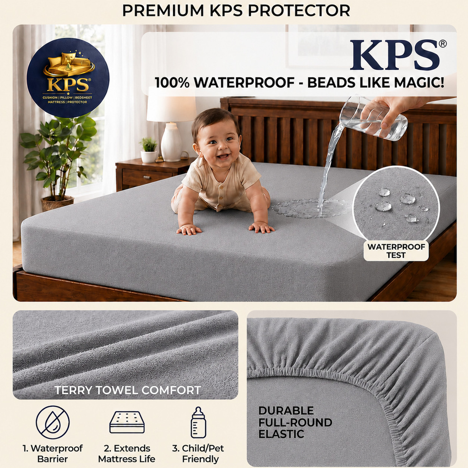 Image of KPS King Size Elastic Strap Cotton Waterproof Mattress Cover (78 cm x 72 cm, Grey)