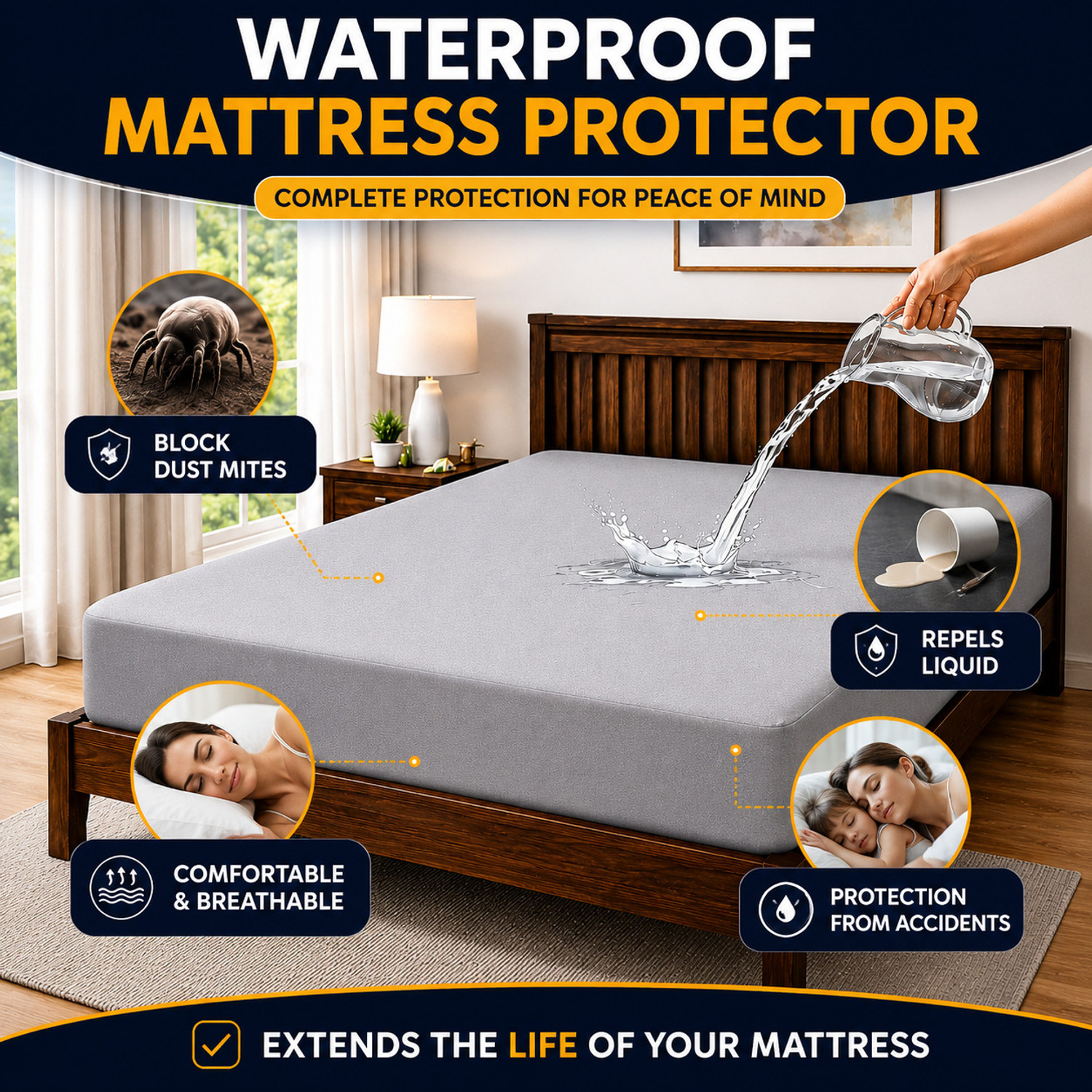 Image of KPS King Size Elastic Strap Cotton Waterproof Mattress Cover (78 cm x 72 cm, Grey)