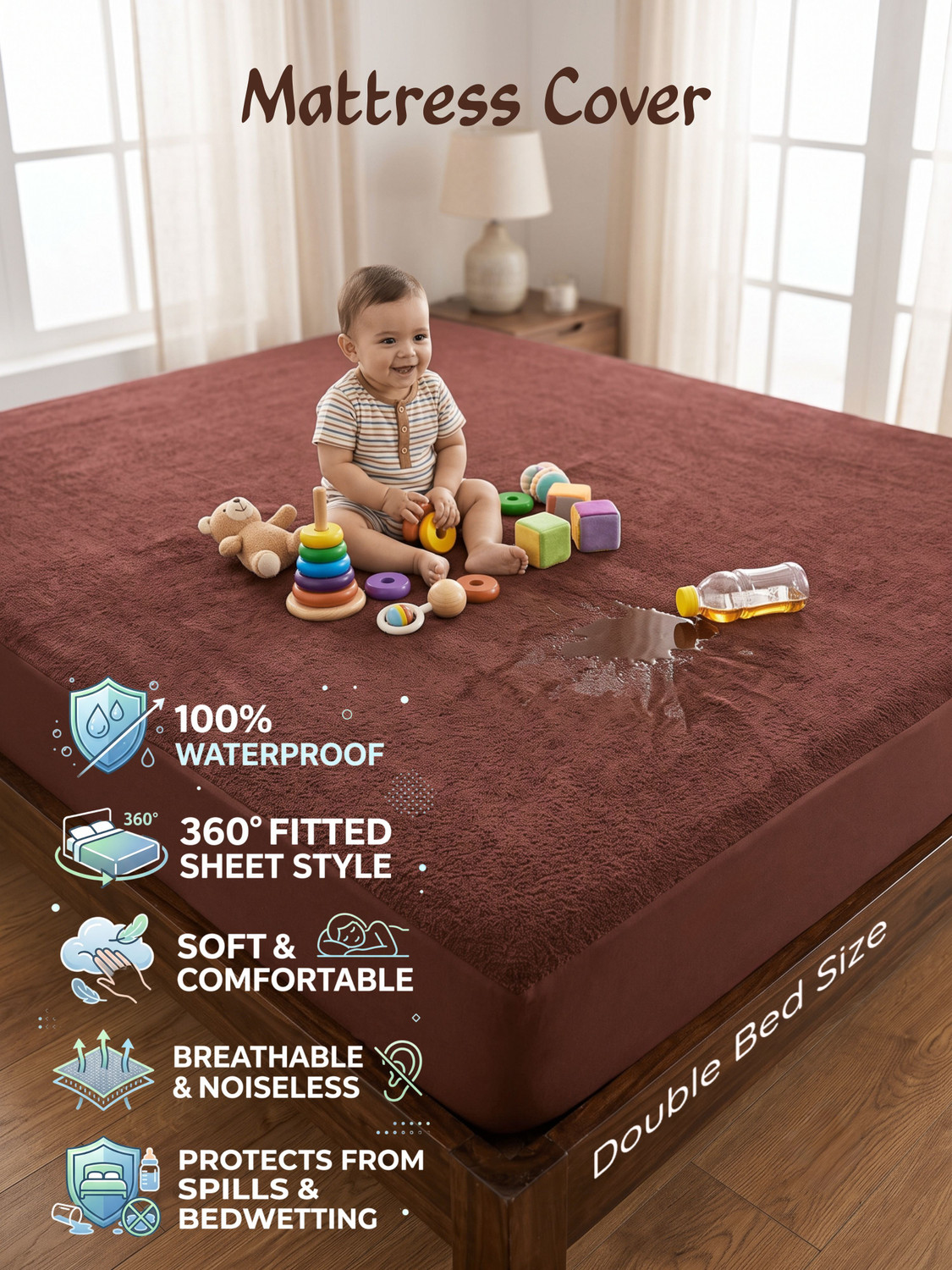 Image of Vastrora Double Size Fitted Terry Cotton Waterproof, Breathable, Stretchable Mattress Cover