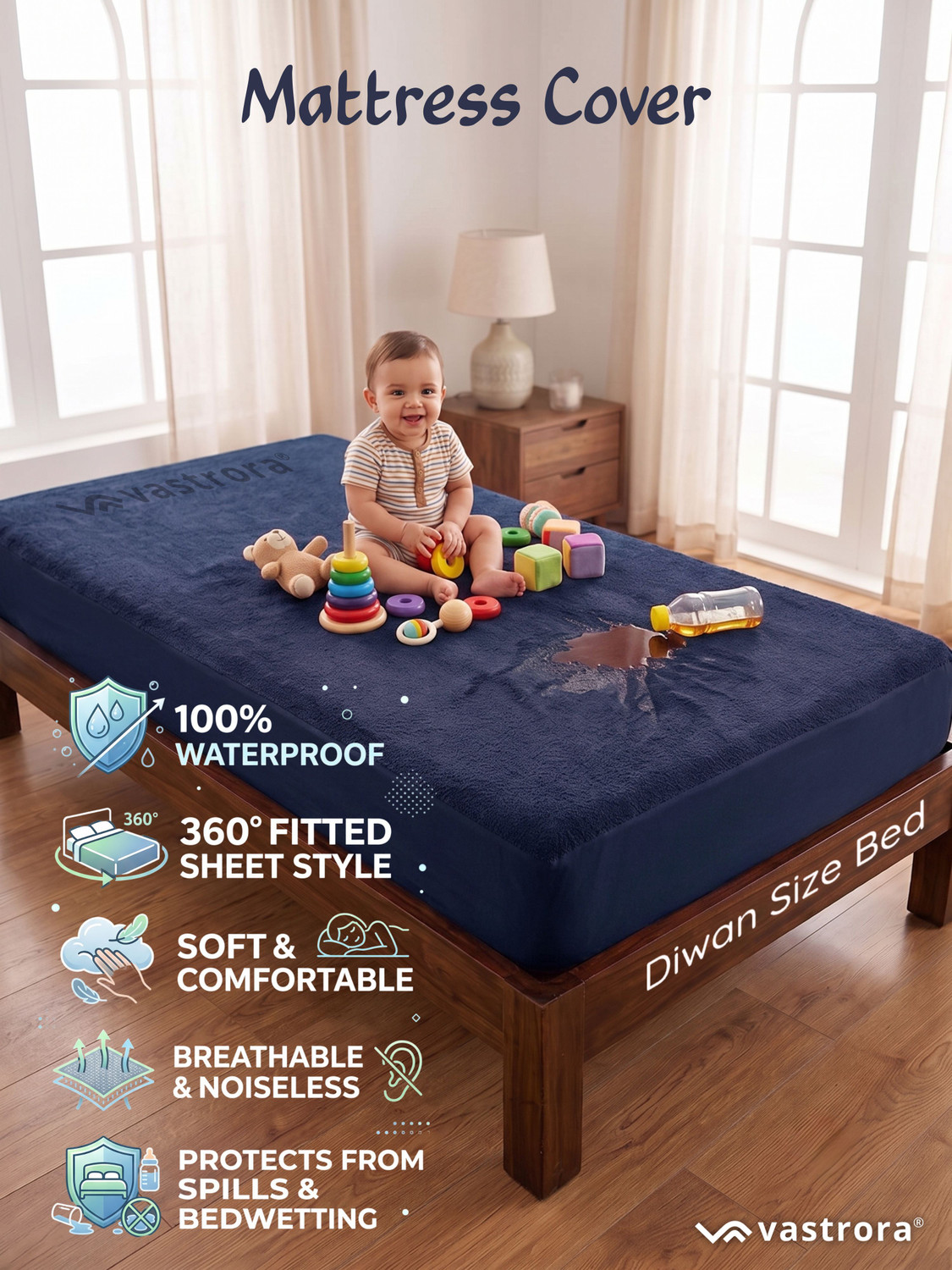 Image of Vastrora Single Size Fitted Terry Cotton Waterproof, Breathable, Stretchable Mattress Cover