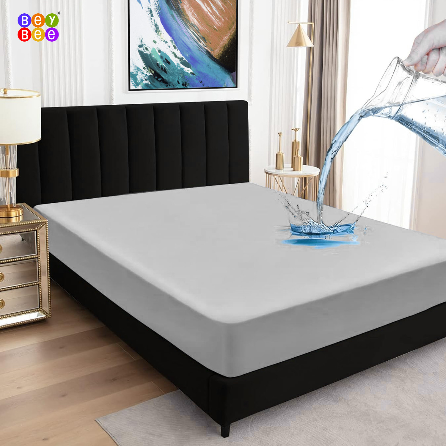 Image of BeyBee King Size Fitted Polyster Waterproof, Stretchable, Breathable Mattress Cover