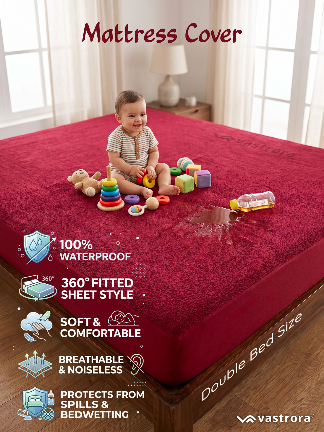 Image of Vastrora Double Size Fitted Terry Cotton Waterproof, Breathable, Stretchable Mattress Cover