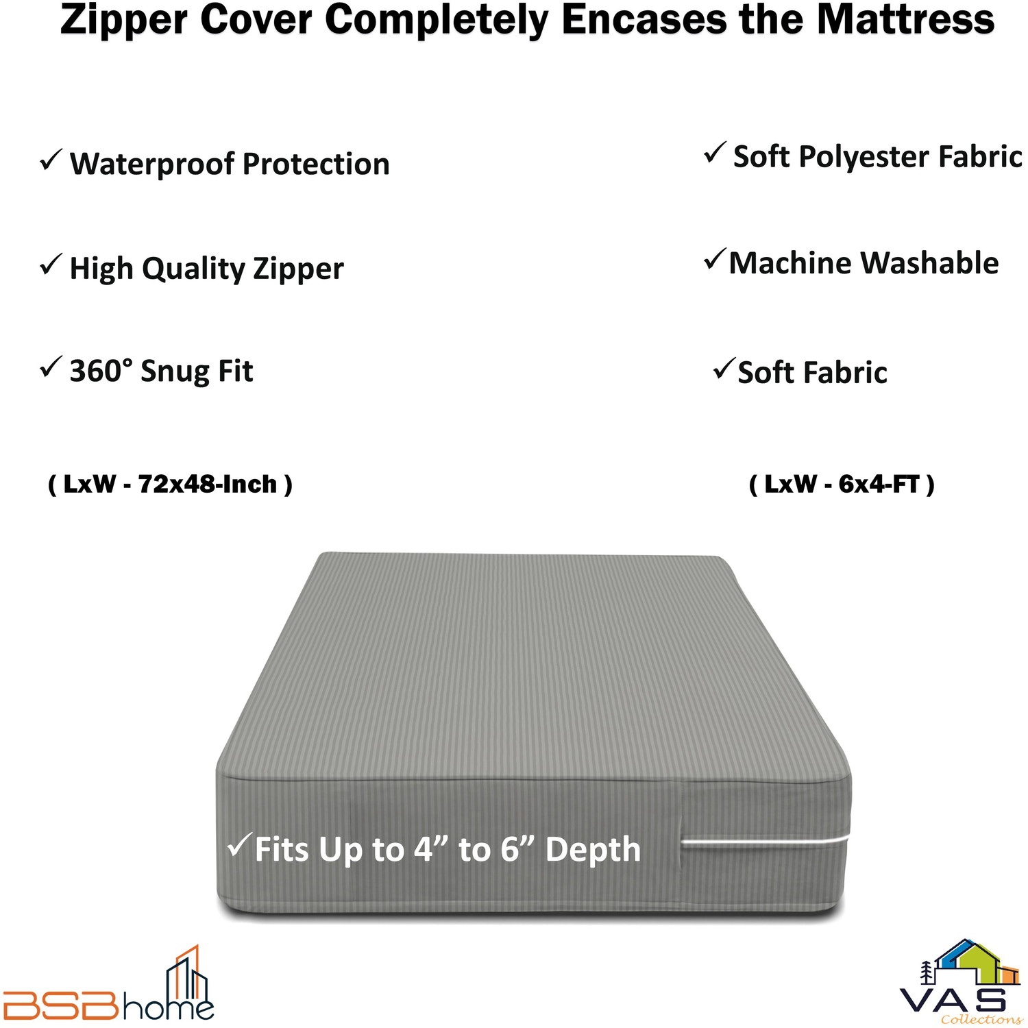 Image of VAS COLLECTIONS Queen Size Zippered Polycotton Breathable Mattress Cover (183 cm x 122 cm, Grey)