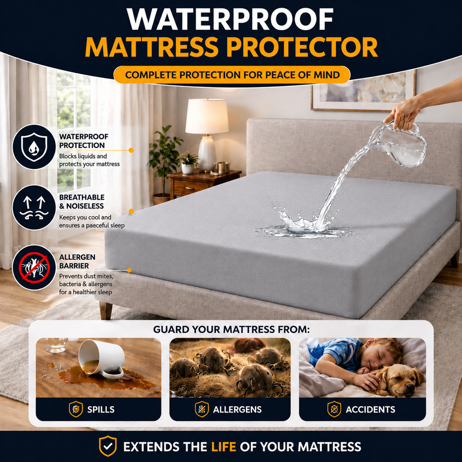 Image of KPS King Size Elastic Strap Cotton Waterproof Mattress Cover (78 cm x 72 cm, Grey)