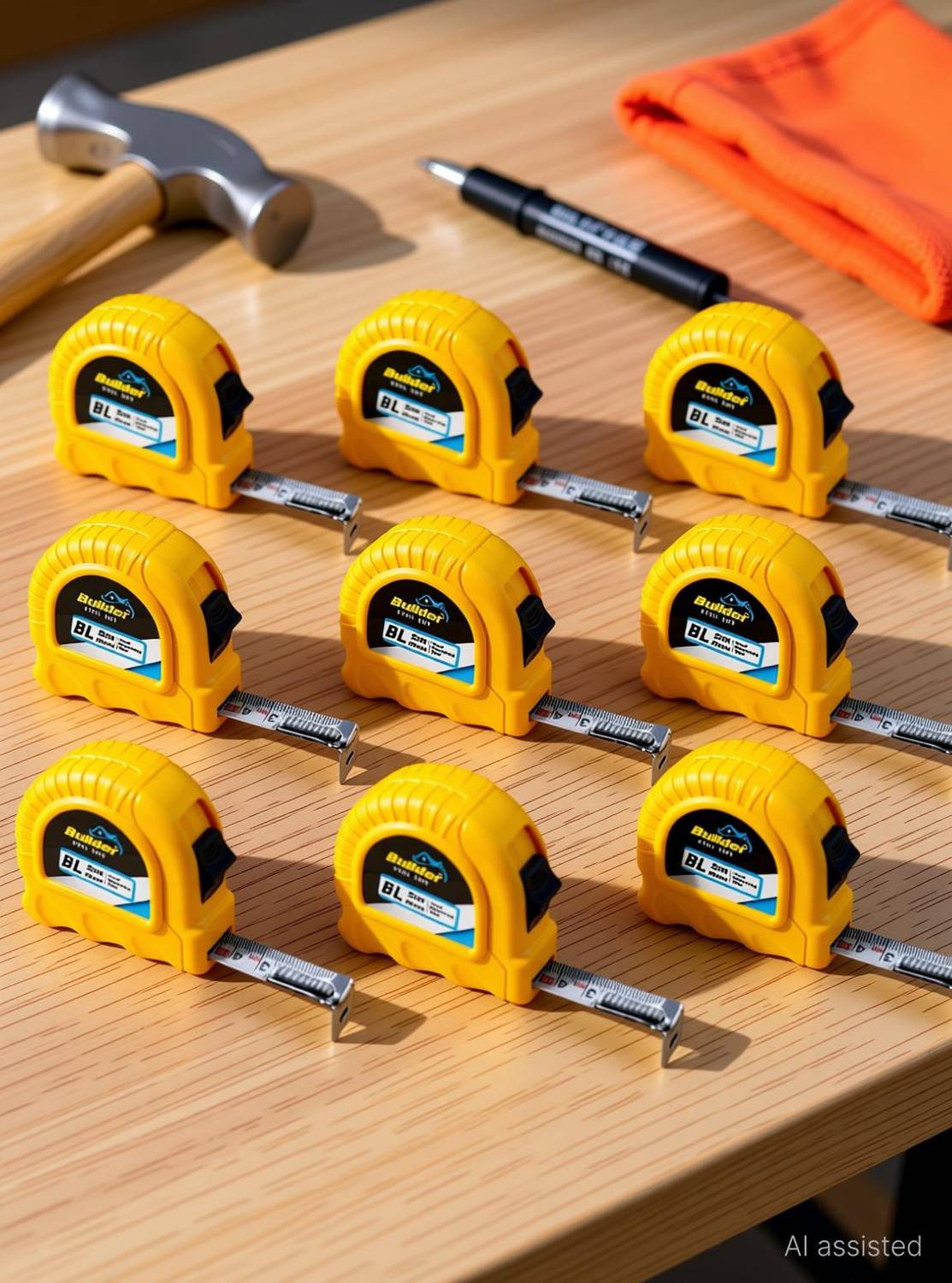 Akron Builder BL19 5m:19mm with Belt Clip/Lock | Yellow | Pack of 10 Pcs | Steel Measurement Tape